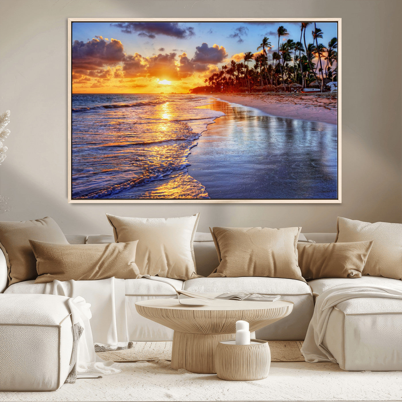 19917-MGV-CV-36X24-Tropical Sunset Beach Wall Art – Panoramic Palm Trees and Ocean Canvas Print, Vibrant Coastal Decor for Living Room, Office or Man