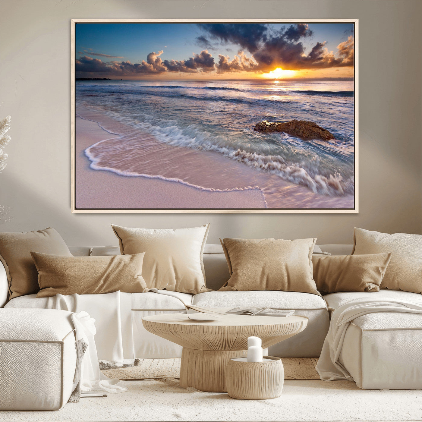 94906-MGV-CV-36X24-Sunrise Beach Wall Art – Panoramic Ocean Waves Canvas Print, Coastal Sunset Seascape Artwork for Living Room, Bedroom, or Office