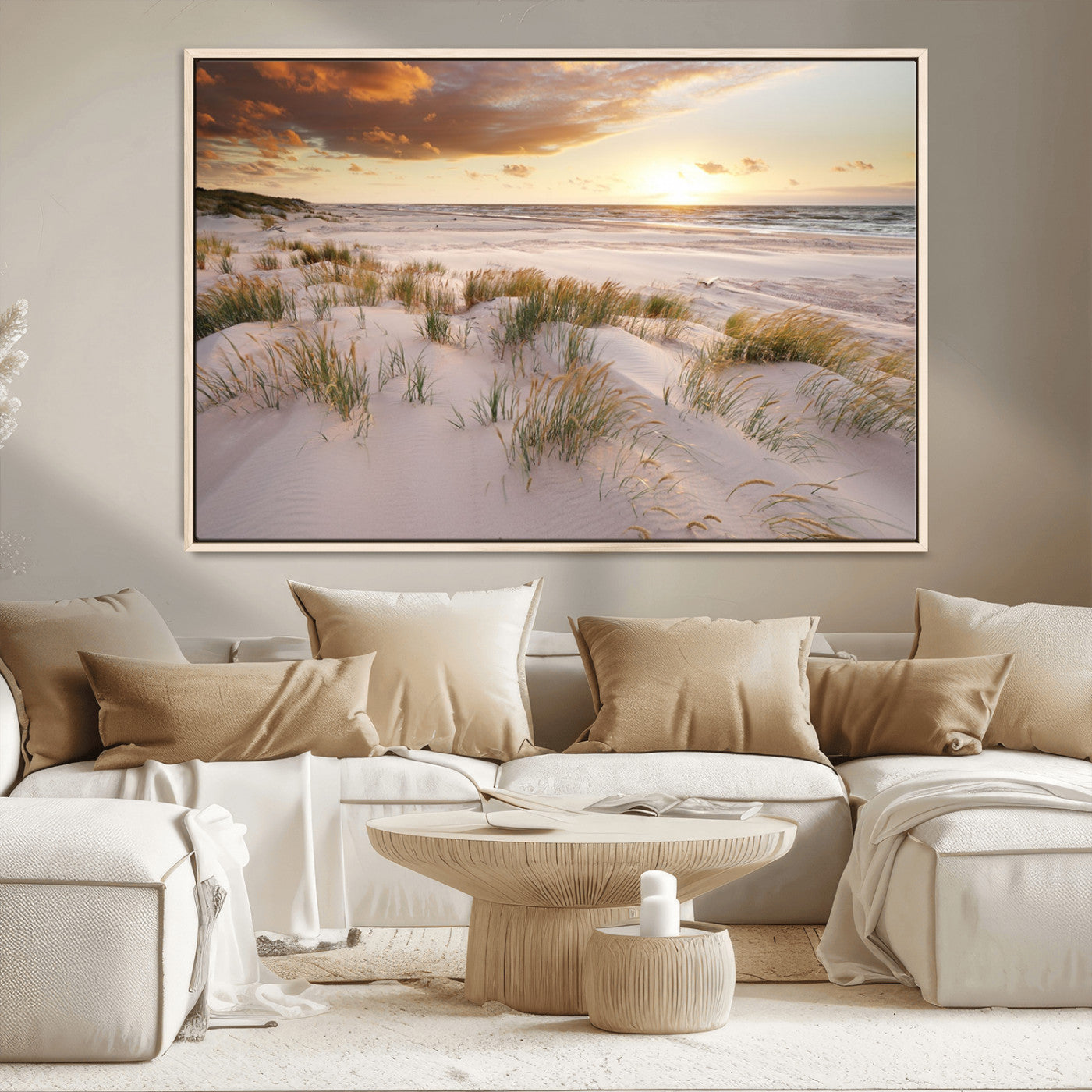 61246-MGV-CV-36X24-Coastal Sand Dunes Wall Art – Serene Beach Sunset Canvas Print with Grasses and Ocean View, Tranquil Seaside Decor for Living Room