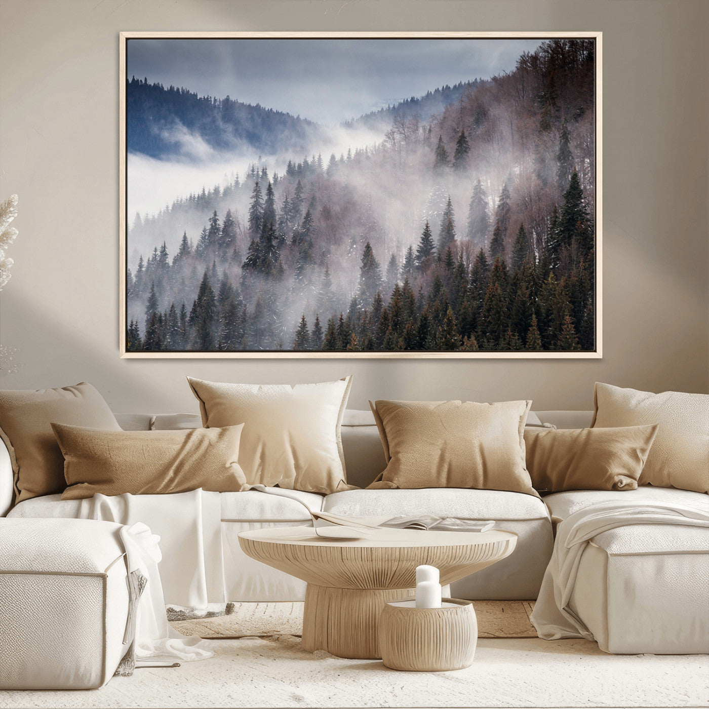 18459-MGV-CV-36X24-Misty Pine Forest Wall Art – Serene Mountain Landscape Canvas Print, Tranquil Nature Artwork for Living Room, Bedroom, Cabin or