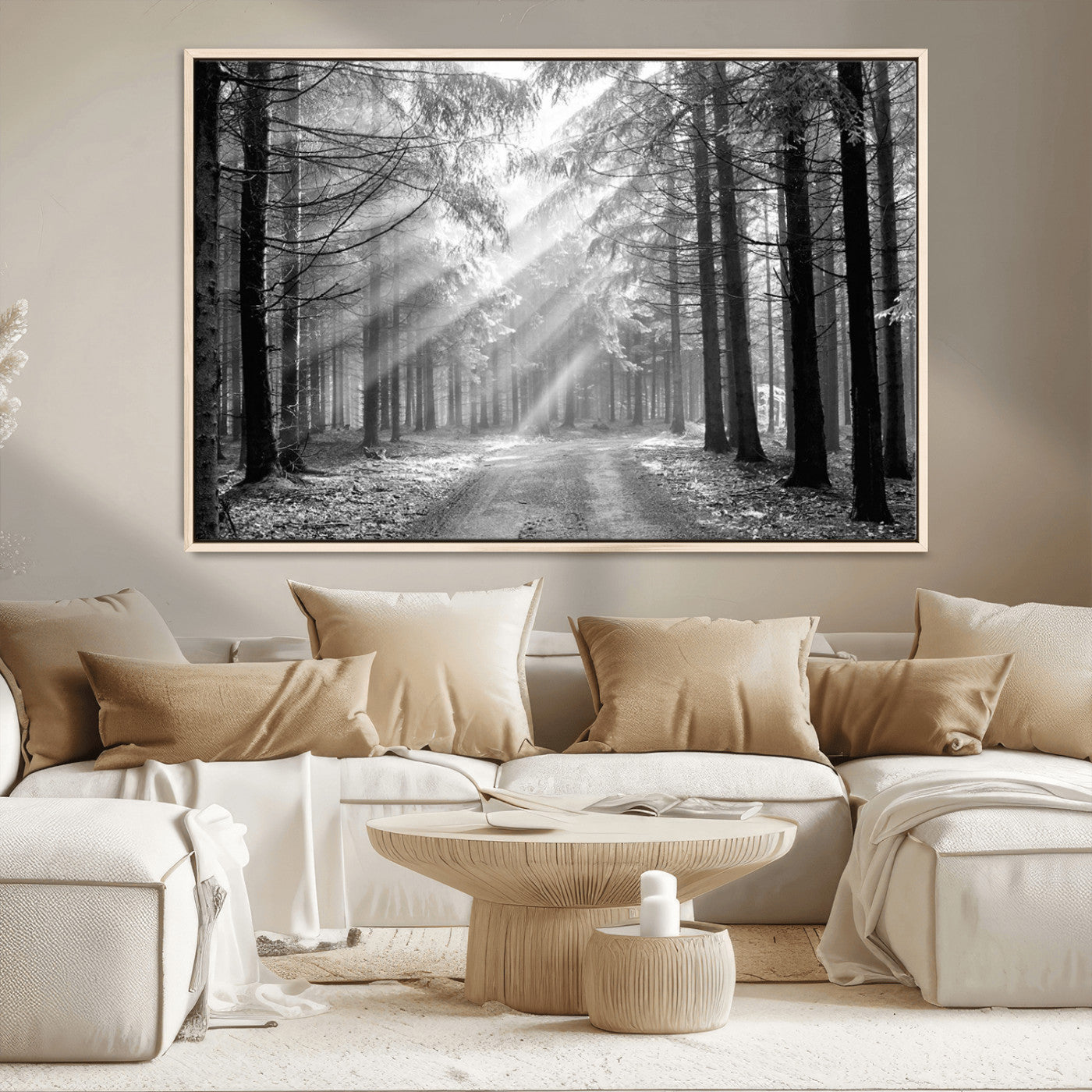 39665-MGV-CV-36X24-Black and White Forest Path Wall Art – Sunlight Rays in Trees Canvas Print, Nature Landscape Decor for Living Room