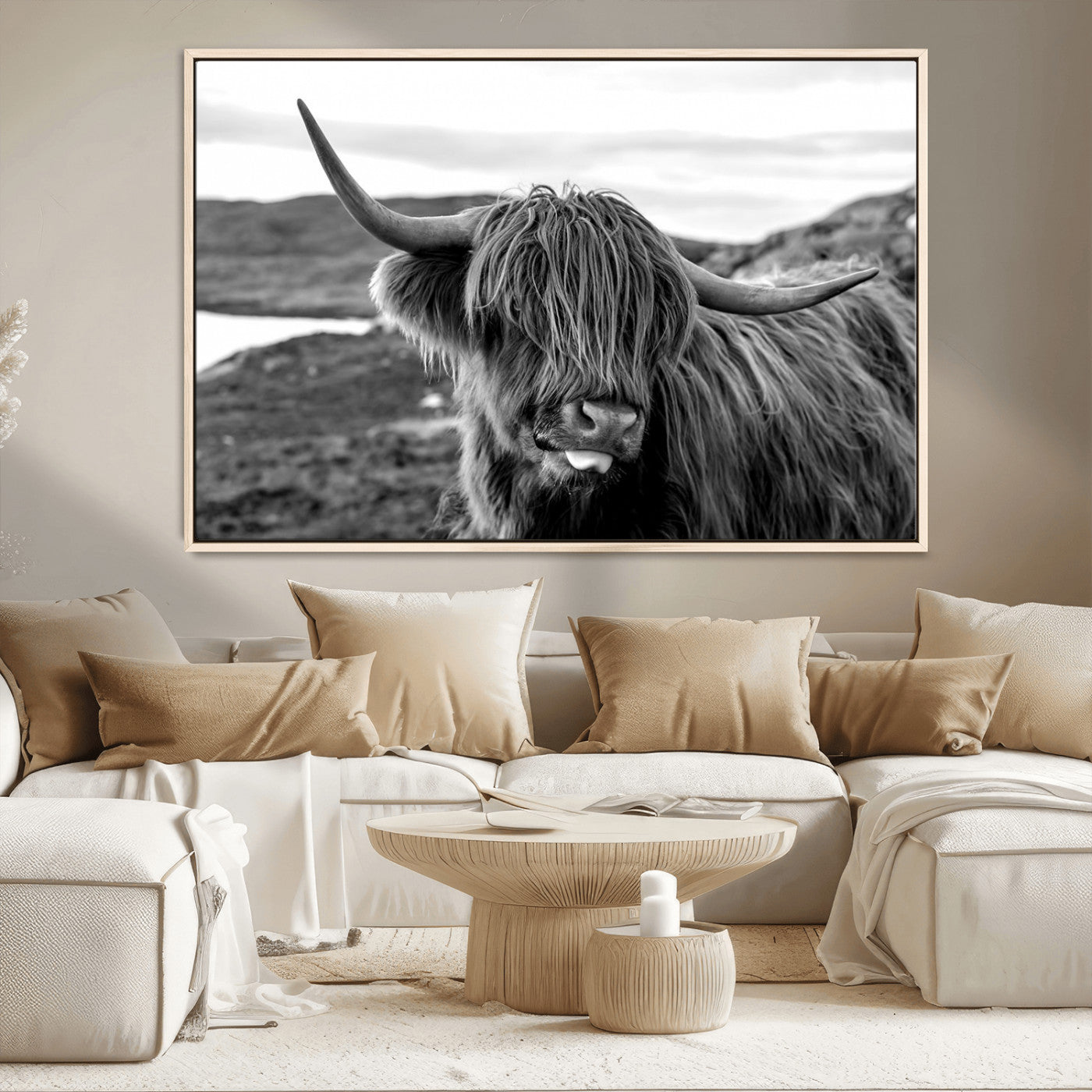 83810-MGV-CV-36X24-Highland Cow Wall Art – Black and White Highland Cattle Print, Rustic Farmhouse Animal Decor for Living Room