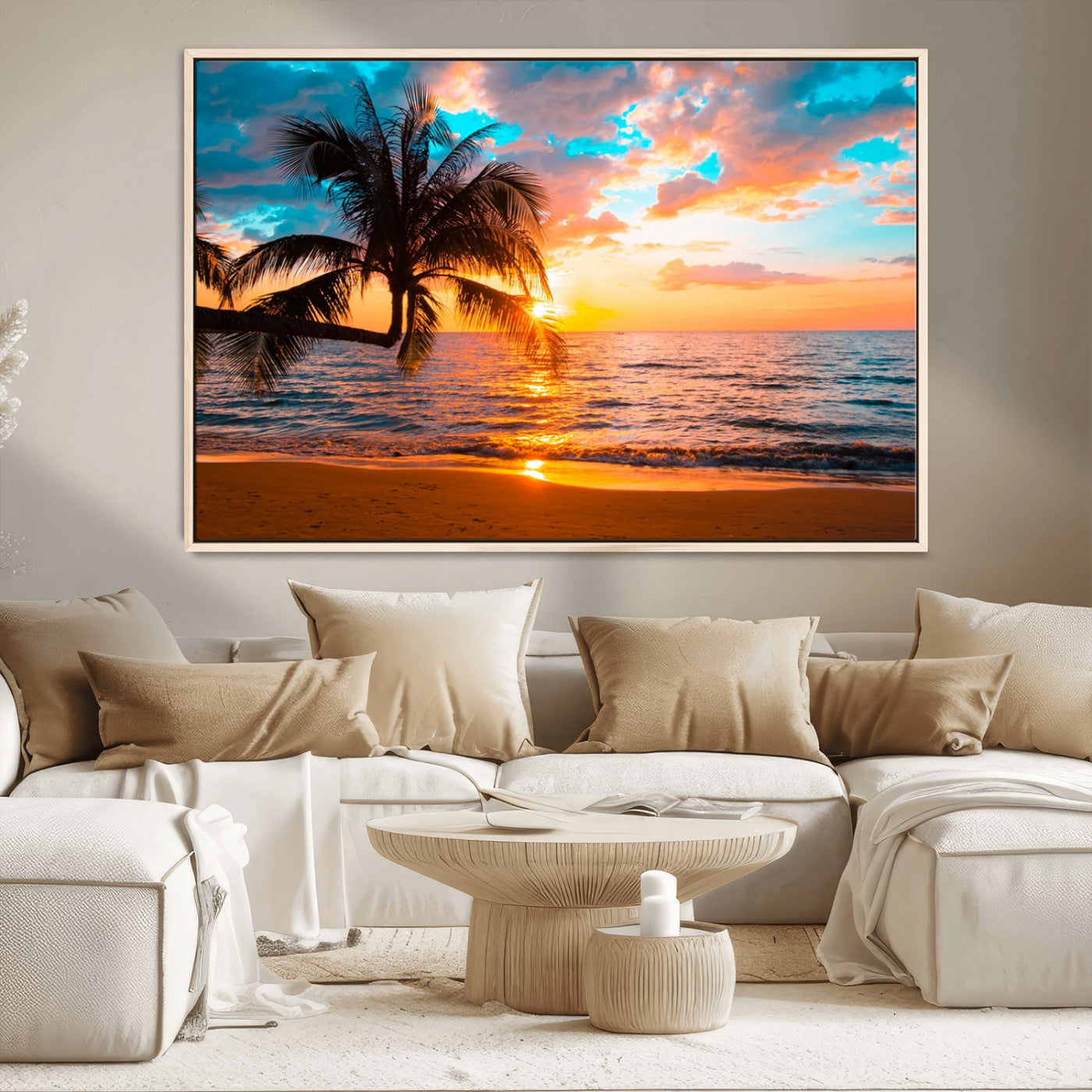 34674-MGV-CV-36X24-Tropical Sunset Beach Wall Art – Palm Tree Ocean Canvas Print, Coastal Seascape Decor for Living Room or Office Wall