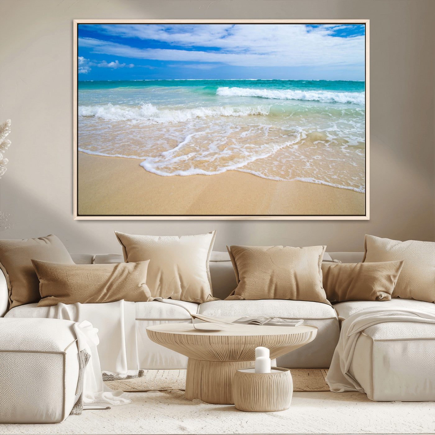 20660-MGV-CV-36X24-Ocean Wave Beach Wall Art – Serene Blue Sea and Sandy Shore Canvas Print, Coastal Landscape Photography Decor for Living Room or