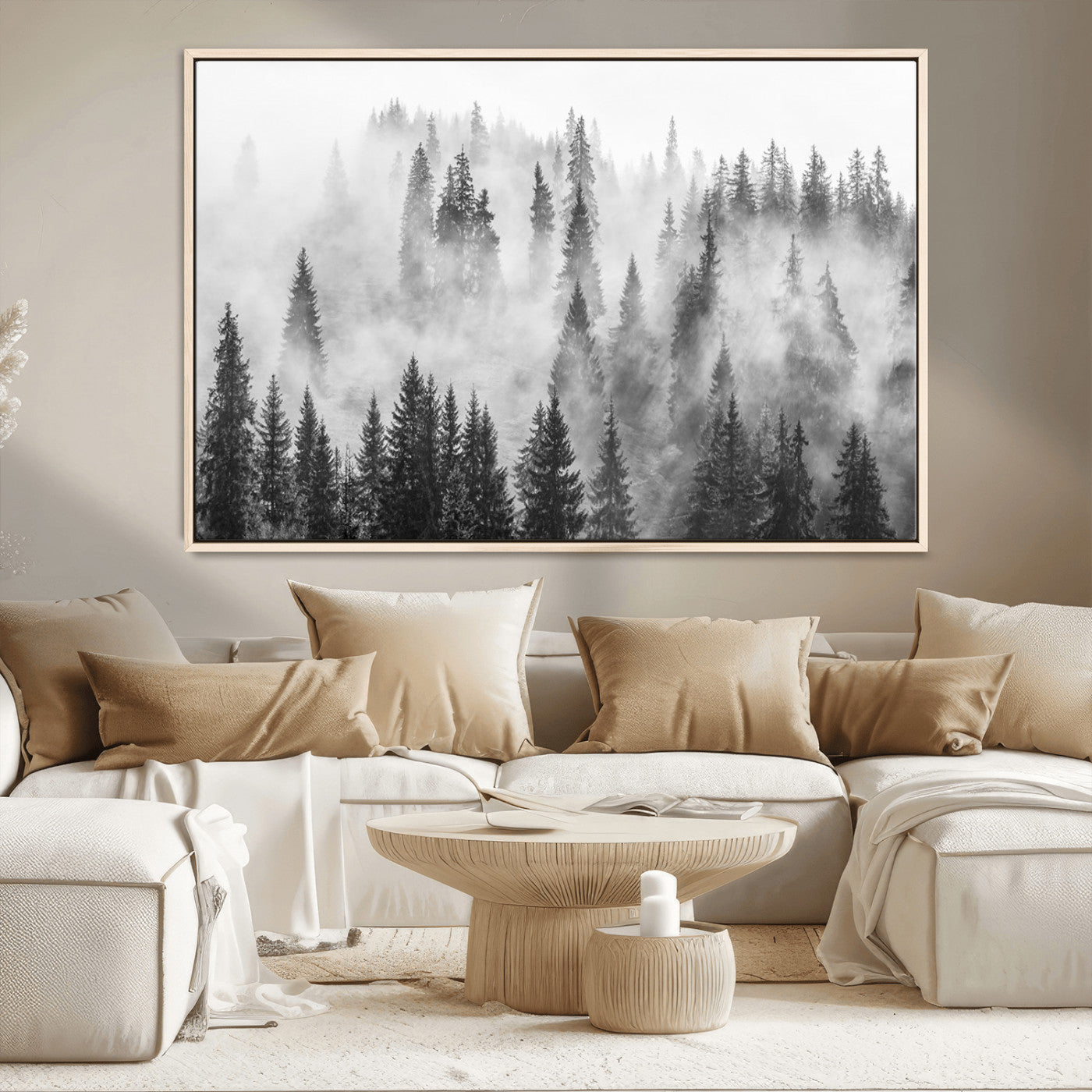 10422-MGV-CV-36X24-Misty Pine Forest Wall Art – Black and White Foggy Landscape Canvas Print, Serene Nature Woodland Decor for Bedroom, Office or