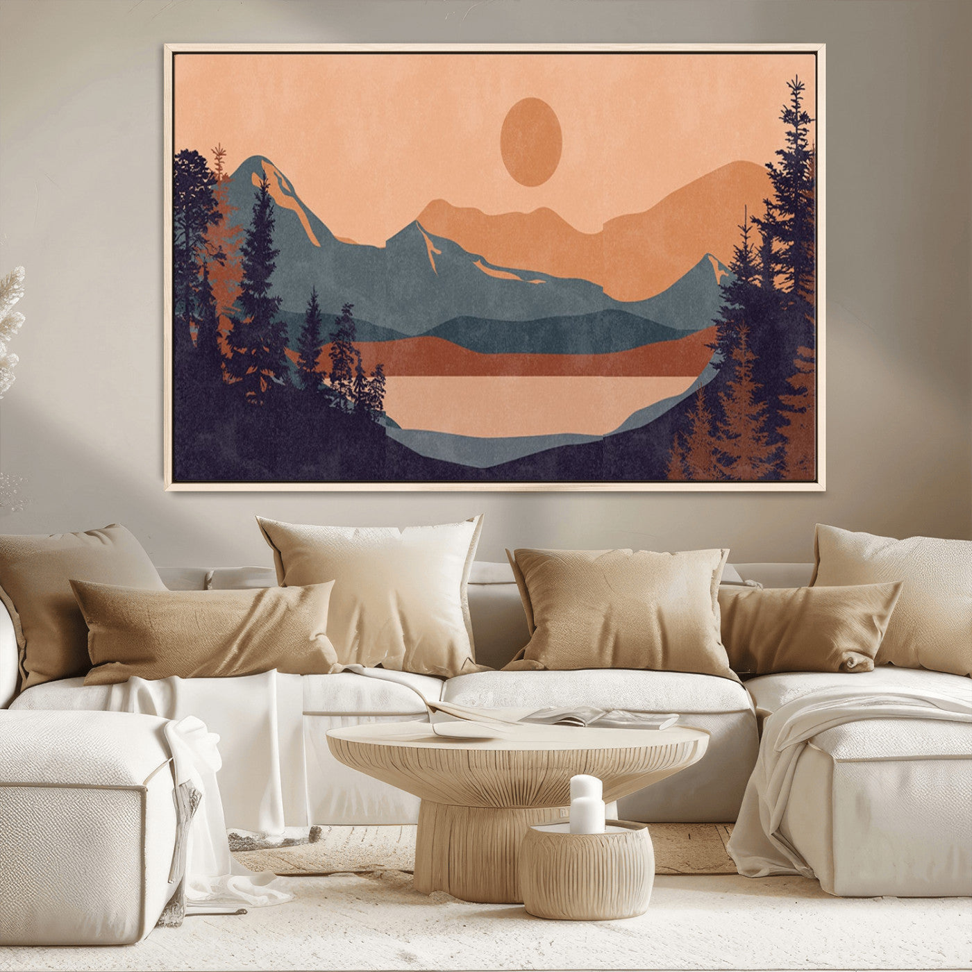 62795-MGV-CV-36X24-Minimalist Mountain Landscape Wall Art – Abstract Sunset Over Peaks and Pine Trees Canvas Print, Modern Nature Decor for Living