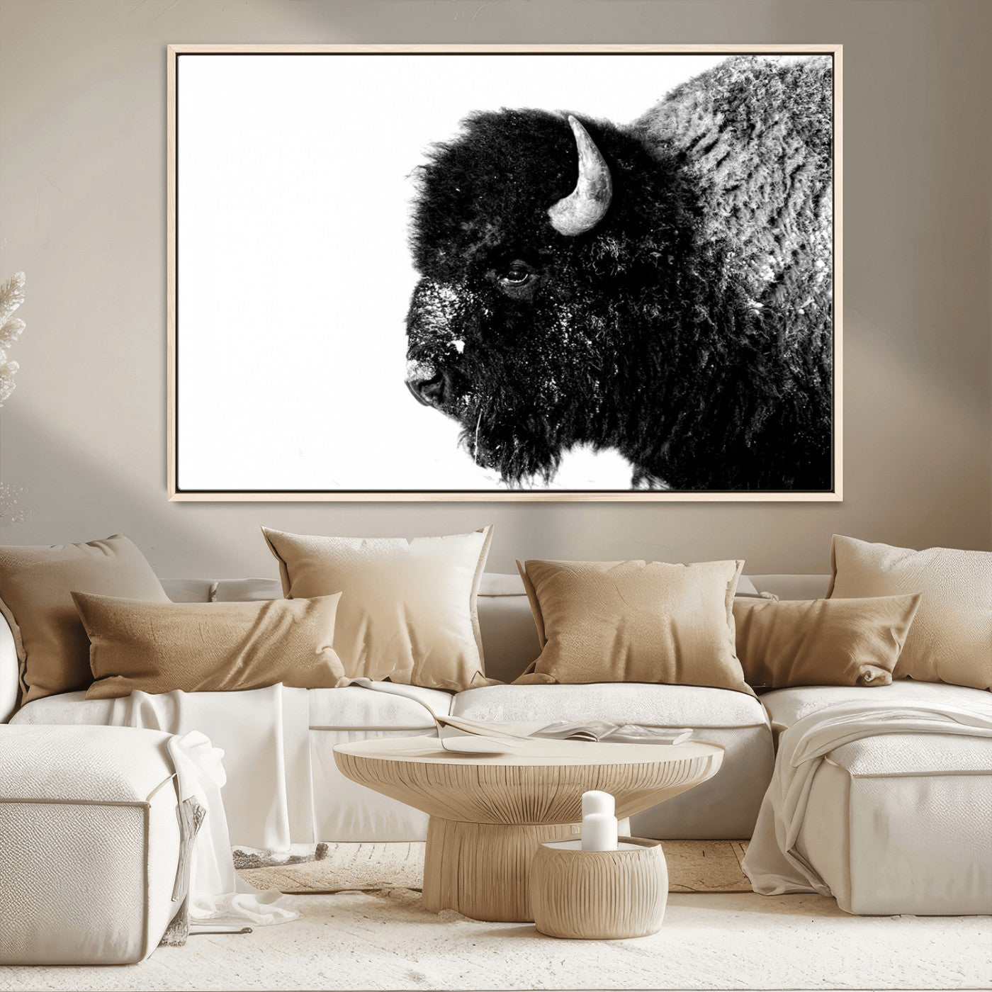 68780-MGV-CV-36X24-Bison Close-Up Wall Art – Black and White Buffalo Canvas Print, Rustic Wildlife Photography Decor for Living Room, Office, or