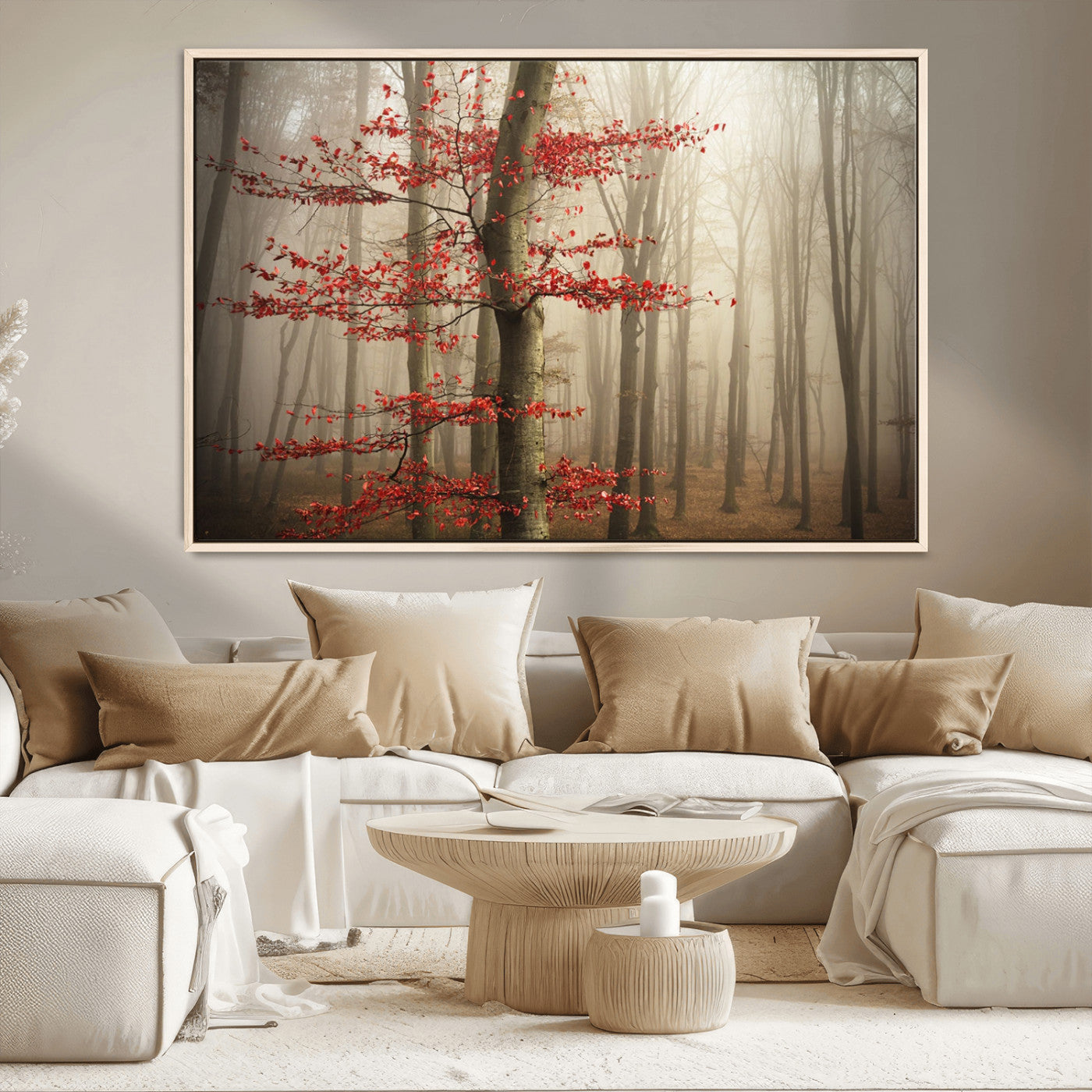 61855-MGV-CV-36X24-Misty Forest Wall Art – Red Tree with Autumn Leaves Canvas Print, Moody Woodland Nature Decor for Living Room, Bedroom, or Office