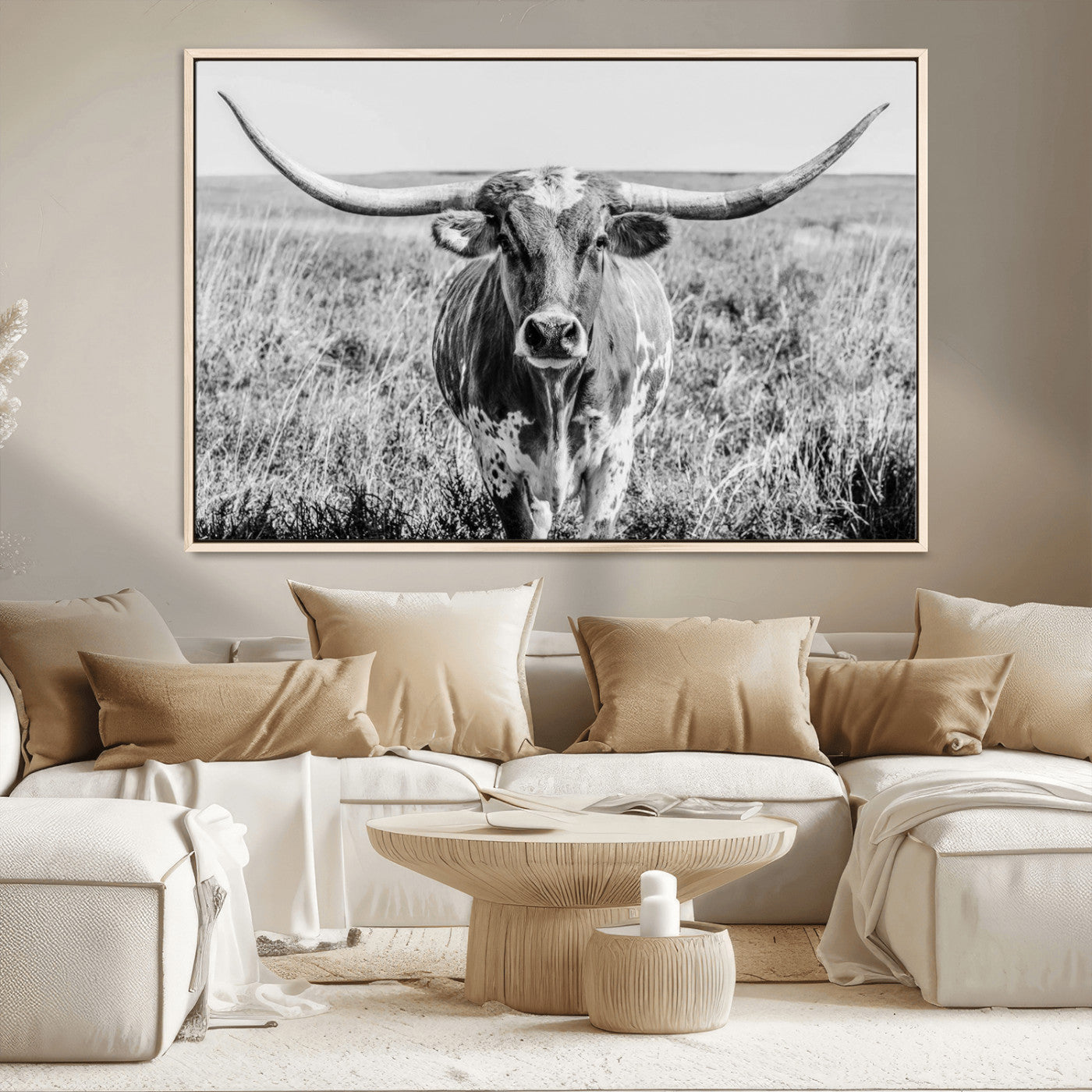 77320-MGV-CV-36X24-Texas Longhorn Wall Art – Black and White Western Cattle Canvas Print, Rustic Farmhouse Animal Photography Decor for Living Room,