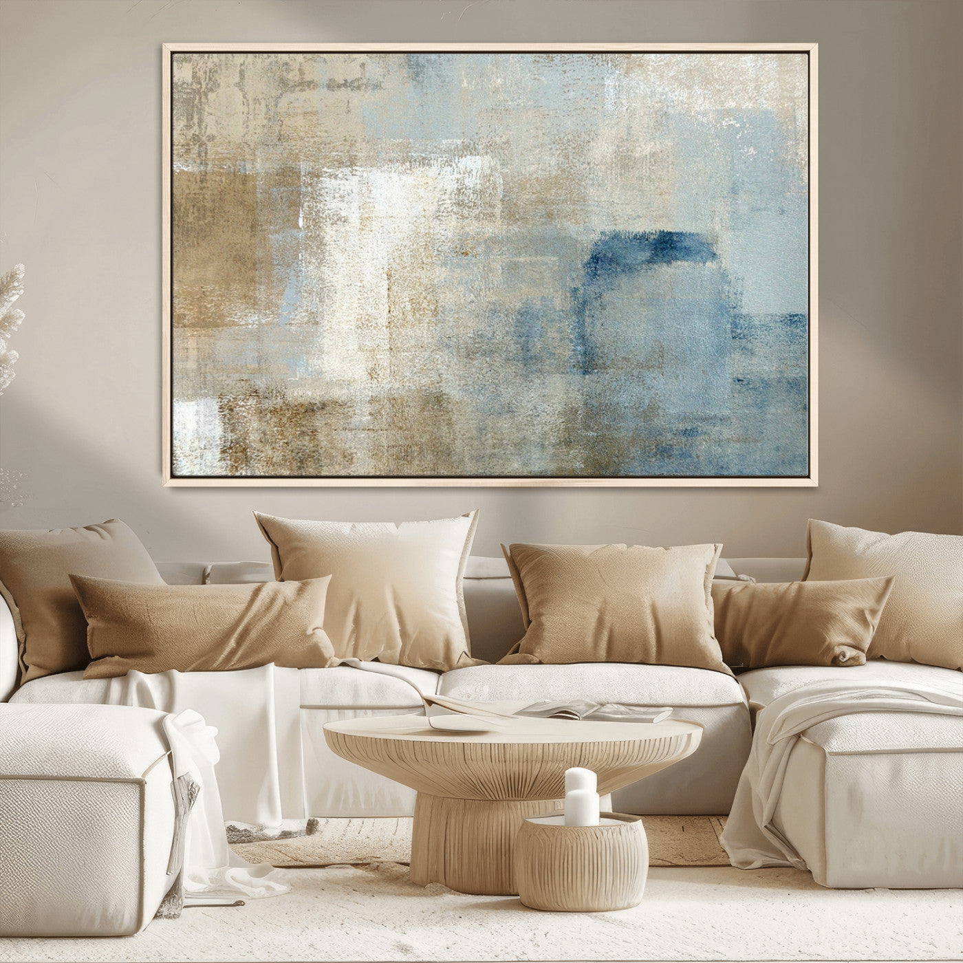 38126-MGV-CV-36X24-Neutral Abstract Wall Art – Modern Beige and Blue Canvas Print and Minimalist Textured Painting for Living Room, Bedroom or Office