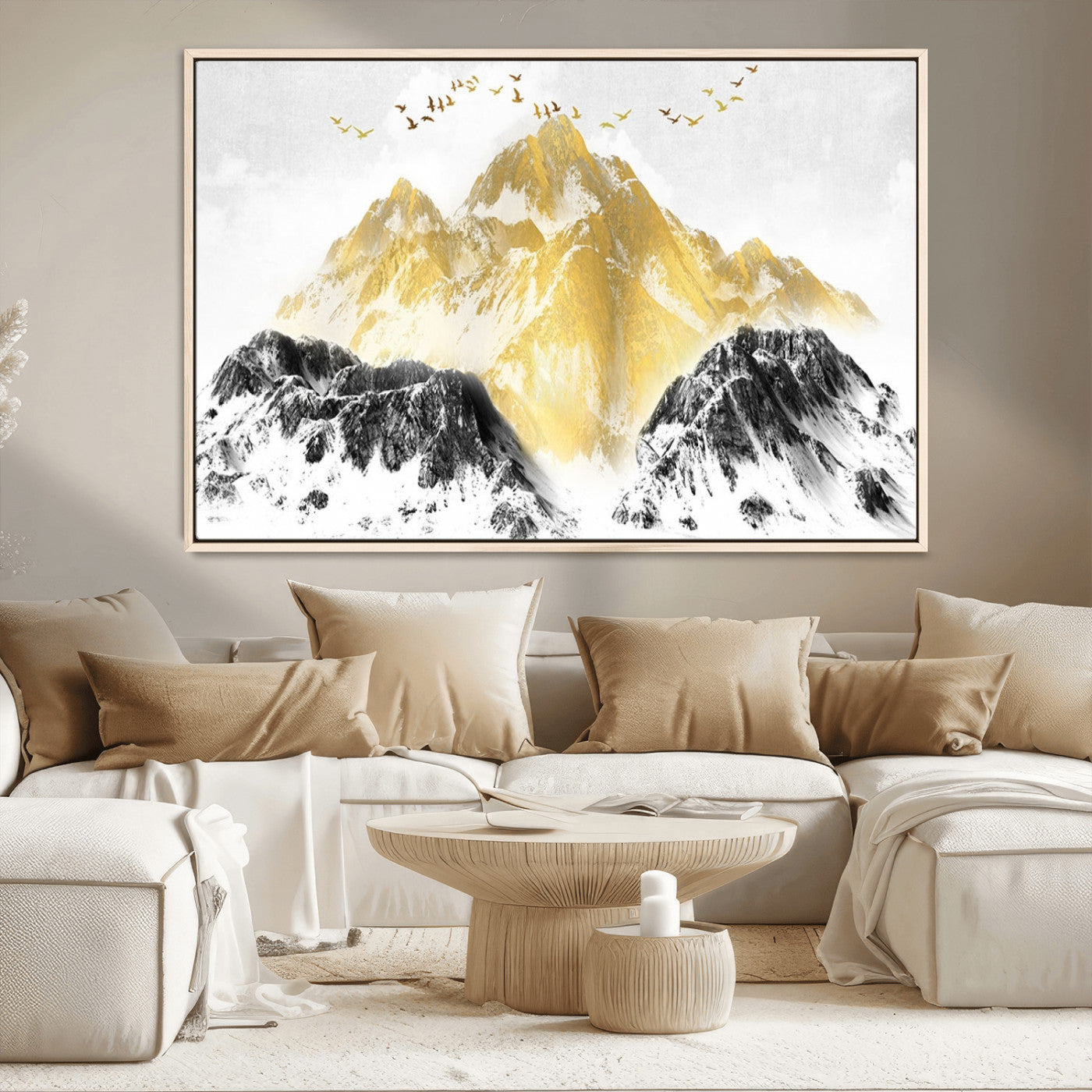 37733-MGV-CV-36X24-Golden Mountain Wall Art – Modern Abstract Landscape Canvas Print with Birds, Luxury Nature Decor for Living Room, Bedroom, or