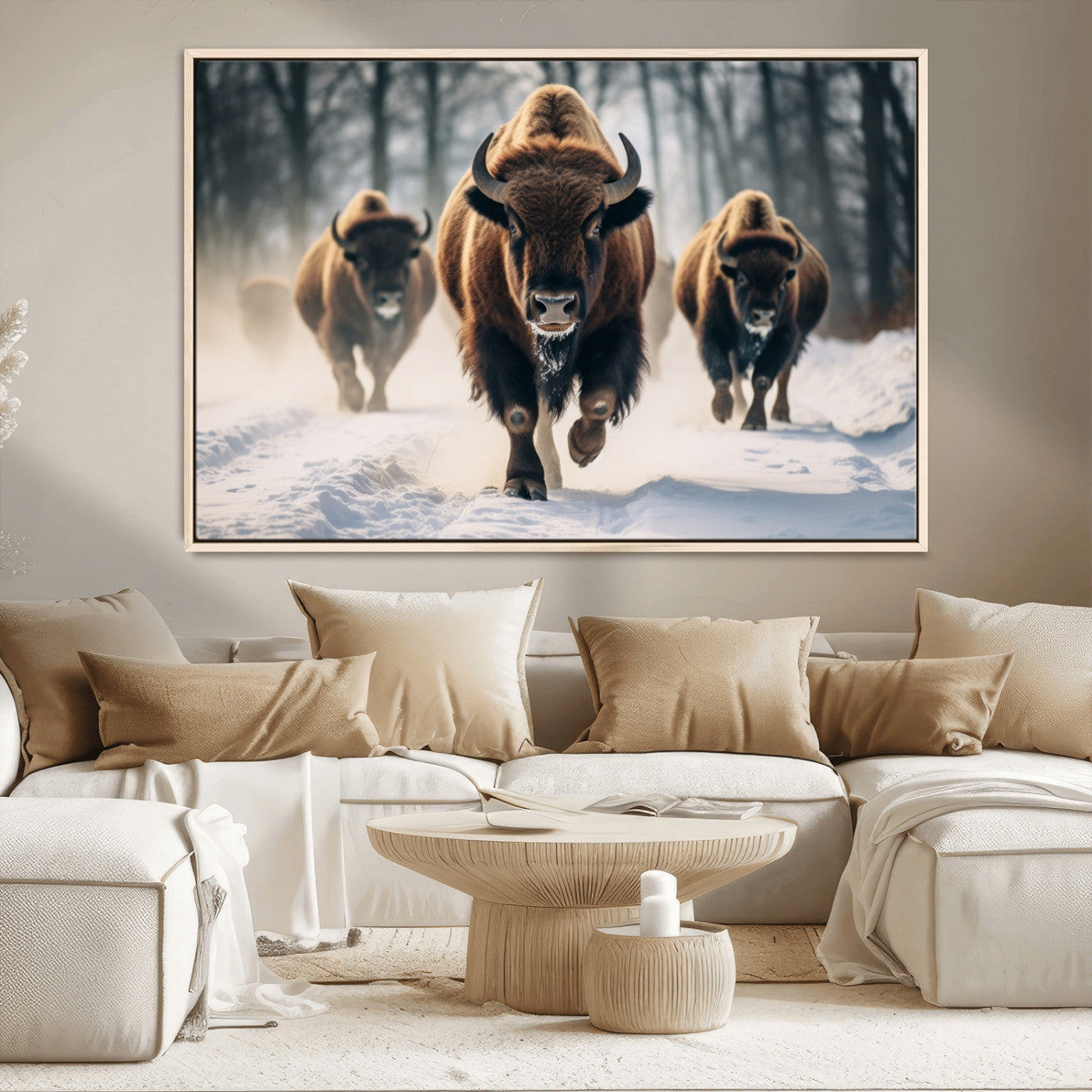56549-MGV-CV-36X24-Wild Bison Wall Art – Majestic Buffalo Herd Running in Snow Canvas Print, Rustic Wildlife Photography Decor for Cabin, Lodge, or