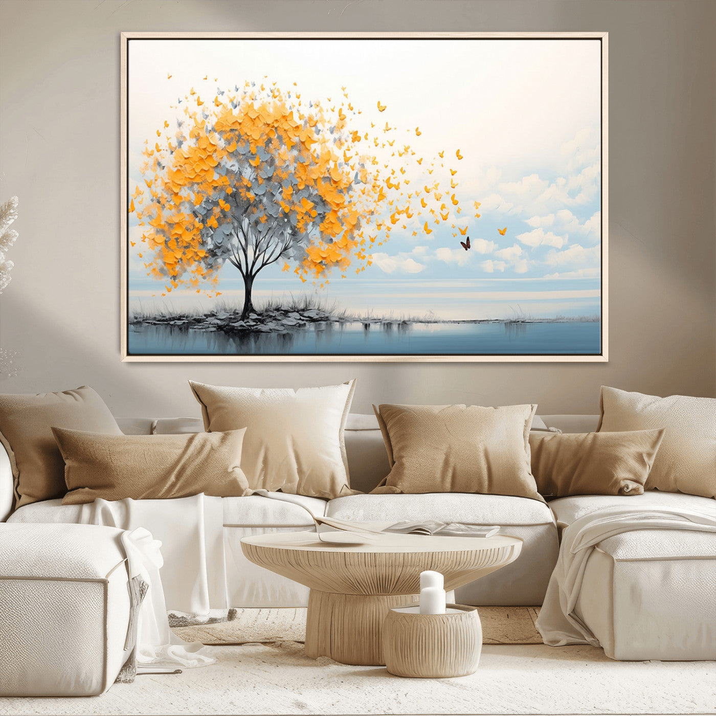 23385-MGV-CV-36X24-Golden Butterfly Tree Wall Art – Abstract Yellow and Gray Canvas Print, Modern Nature Artwork for Living Room, Bedroom or Office