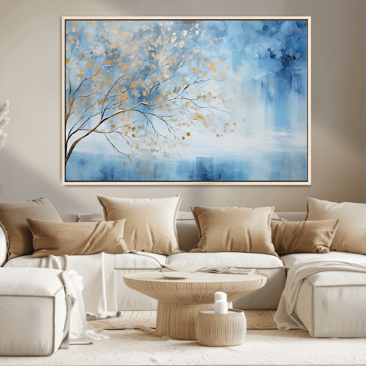 23891-MGV-CV-36X24-Abstract Tree Wall Art – Minimalist Blue and Gold Canvas Painting, Elegant Nature-Inspired Artwork for Living Room, Bedroom or