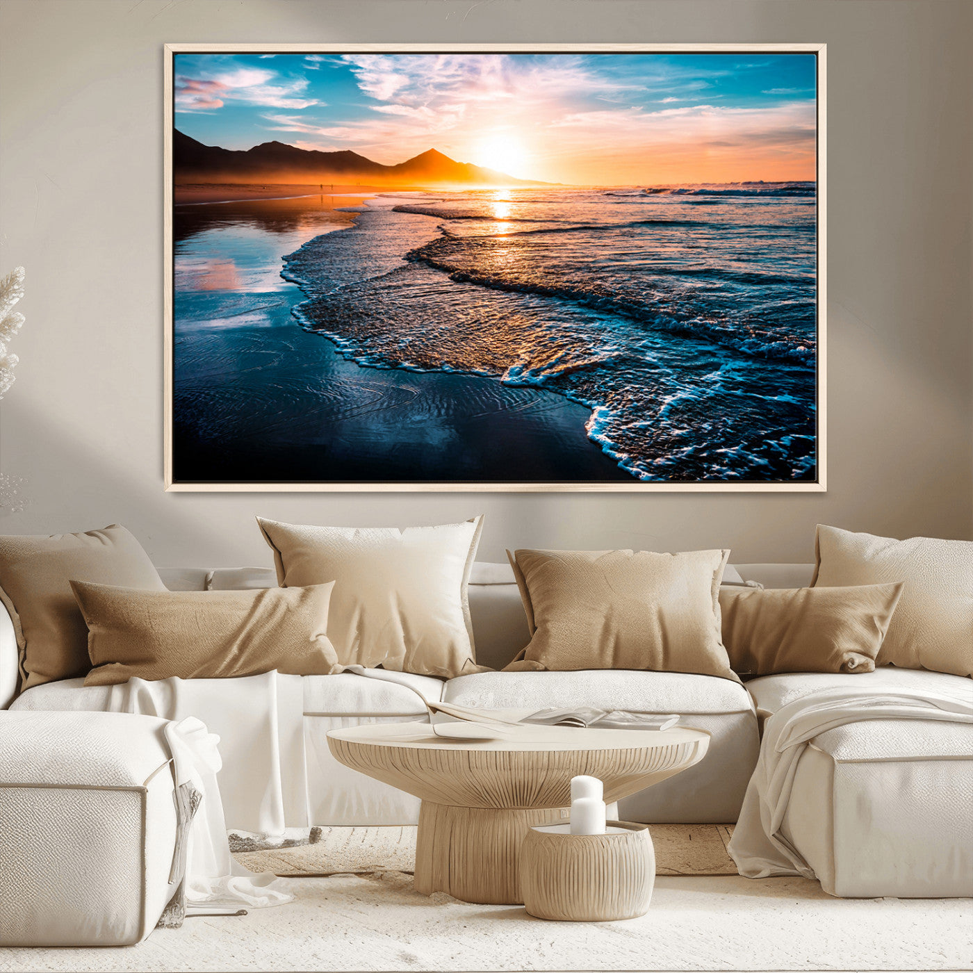 26494-MGV-CV-36X24-Ocean Sunset Wall Art – Scenic Beach Canvas Print with Waves and Mountains, Coastal Seascape Photography for Living Room, Bedroom