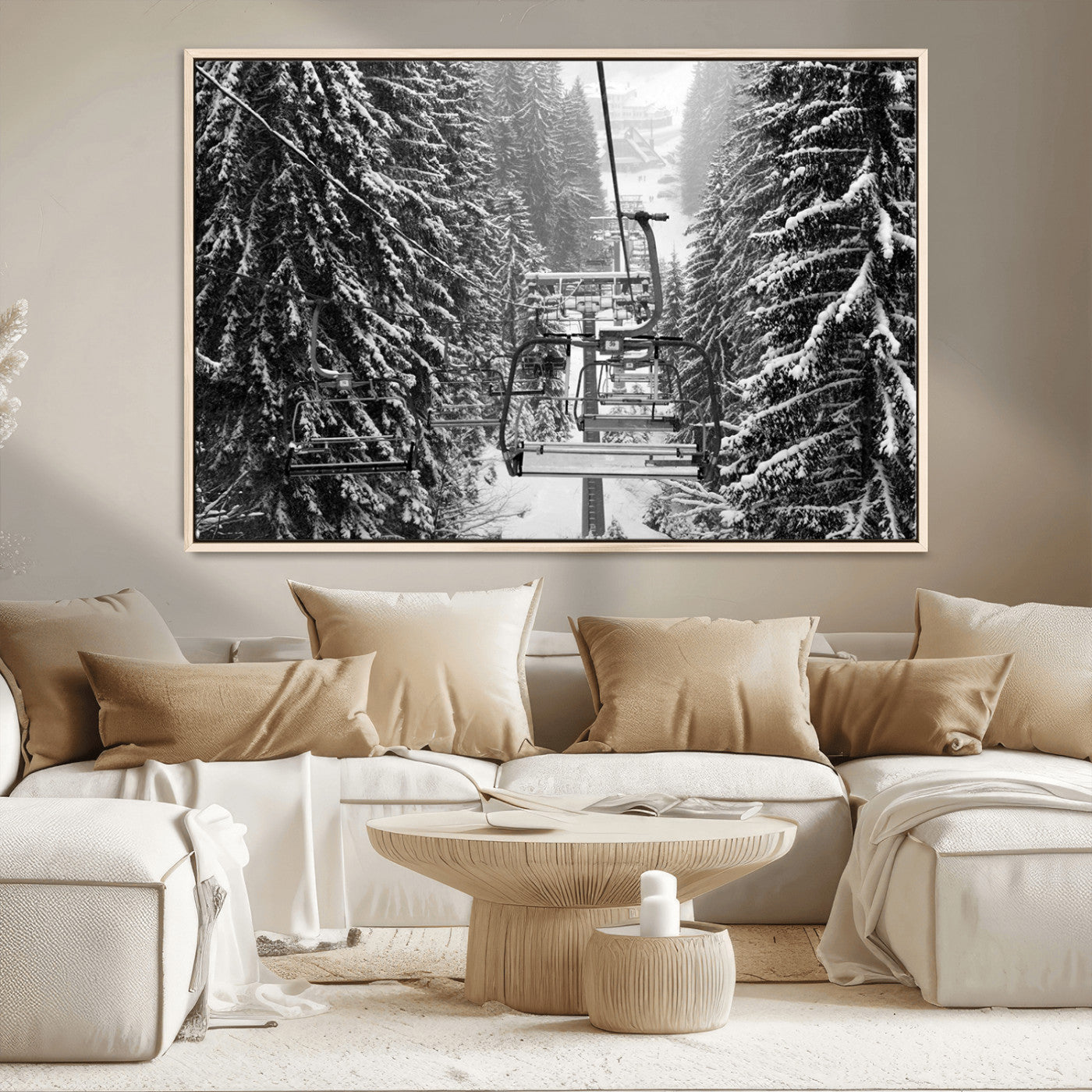 19240-MGV-CV-36X24-Ski Lift Wall Art – Black and White Winter Mountain Canvas Print, Snowy Forest Ski Resort Photography for Cabin, Lodge, Office or