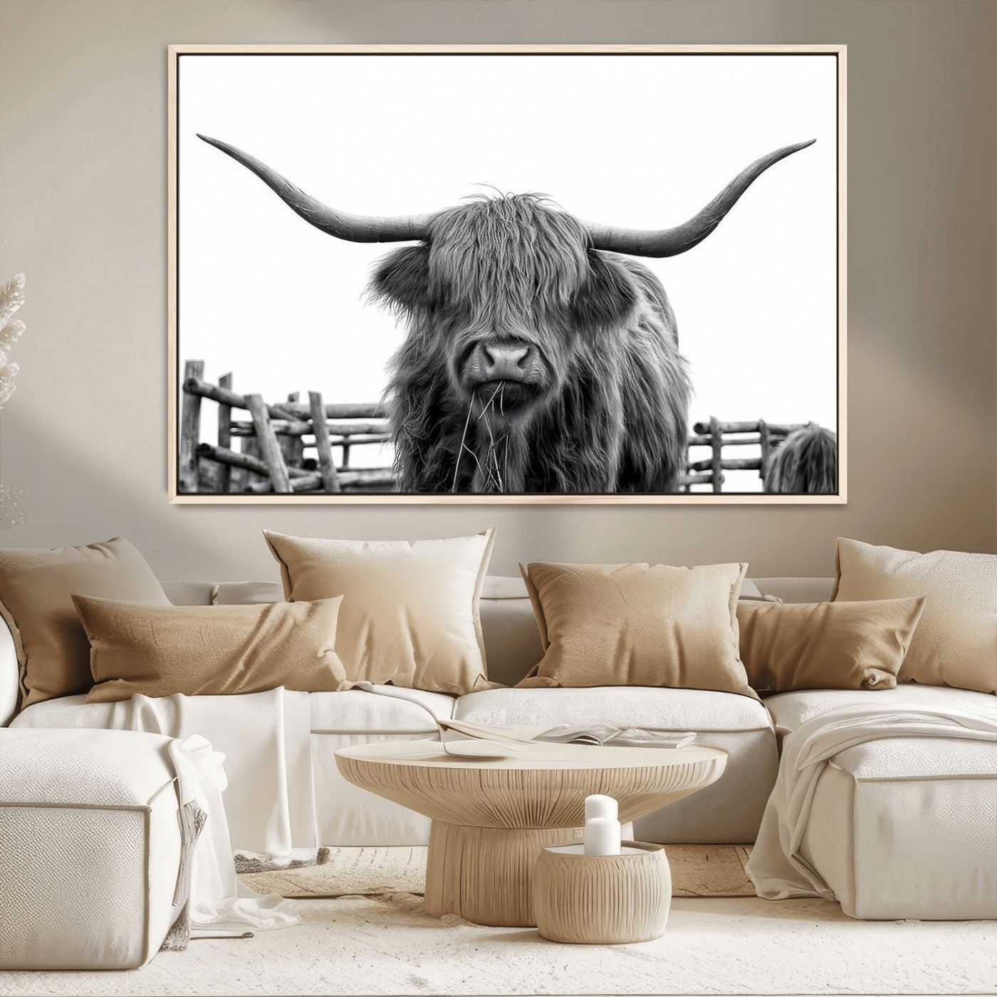 58188-MGV-CV-36X24-Highland Cow Wall Art – Black and White Rustic Farmhouse Canvas Print, Longhorn Cattle Photography Decor for Living Room or