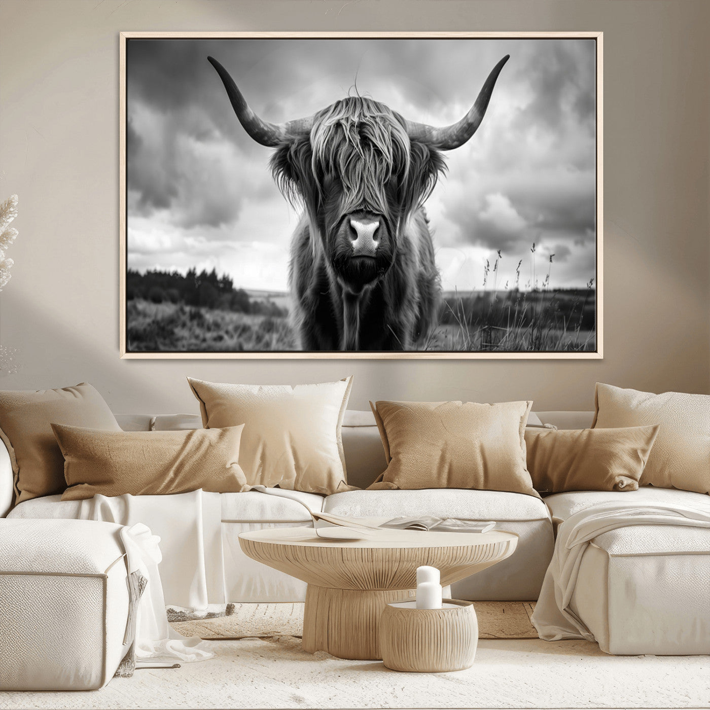 17924-MGV-CV-36X24-Highland Cow Wall Art – Black and White Rustic Longhorn Cattle Canvas Print, Farmhouse Animal Photography Decor for Country Home
