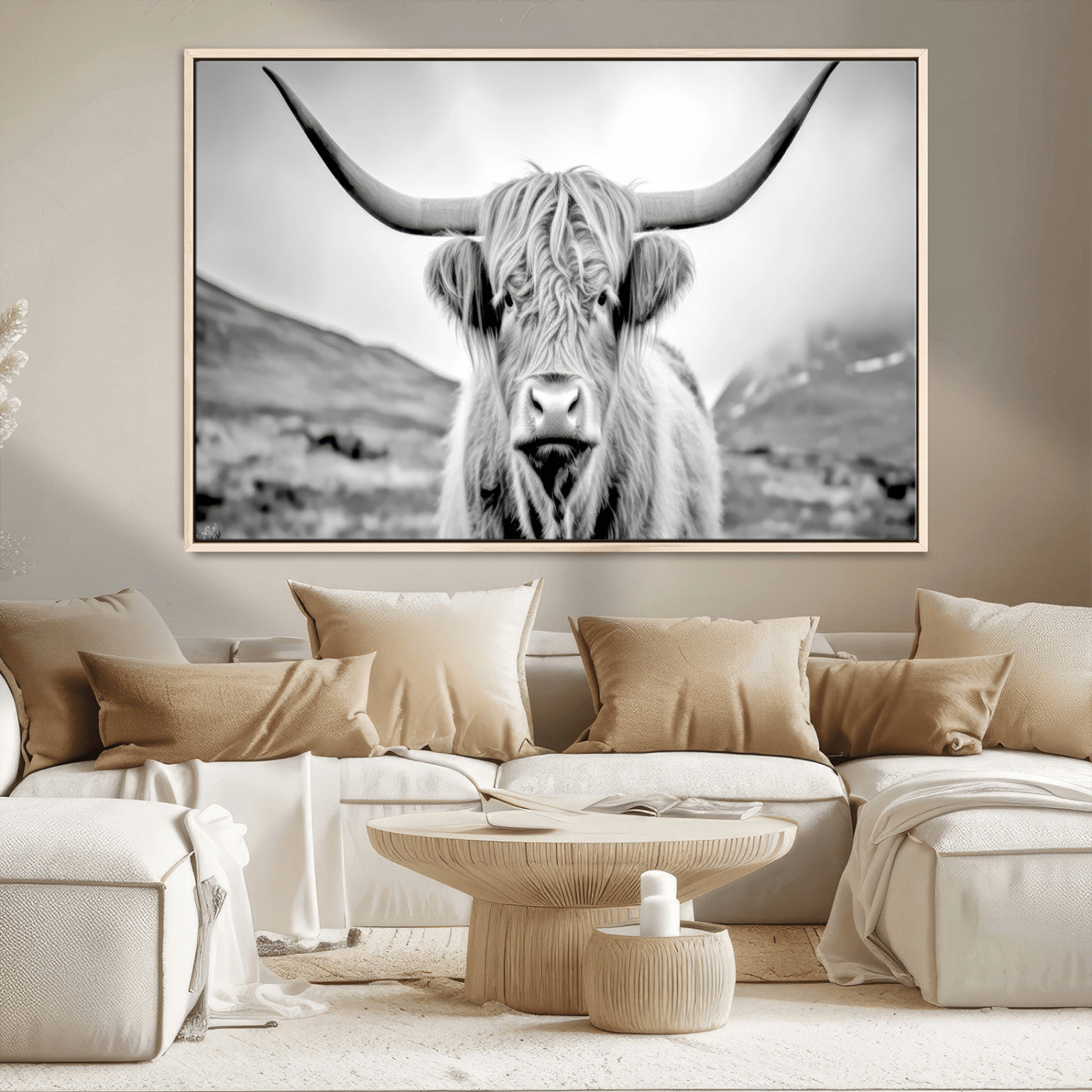 80564-MGV-CV-36X24-Highland Cow Wall Art – Black and White Scottish Highland Canvas Print, Rustic Farmhouse Decor for Living Room, Bedroom or Office