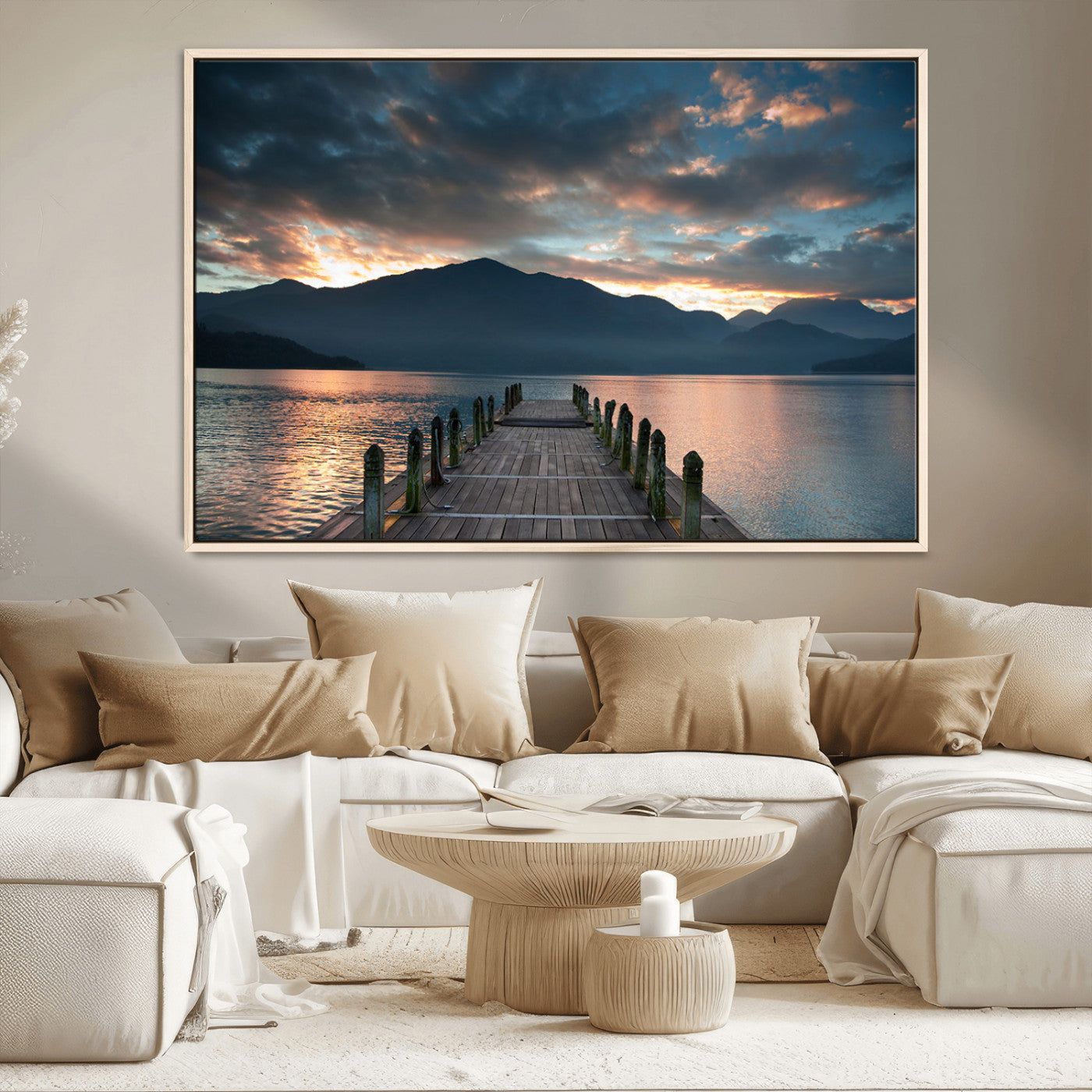 20442-MGV-CV-36X24-Lakeside Sunset Dock Wall Art – Peaceful Mountain Lake Canvas Print, Serene Nature Landscape Decor for Living Room, Bedroom or