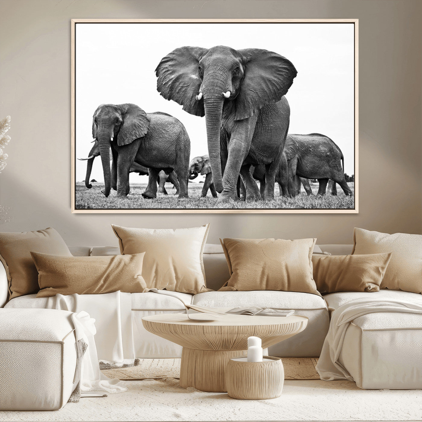 91685-MGV-CV-36X24-Elephant Herd Wall Art – Black and White Safari Canvas Print, African Wildlife Photography Decor for Living Room, Office or