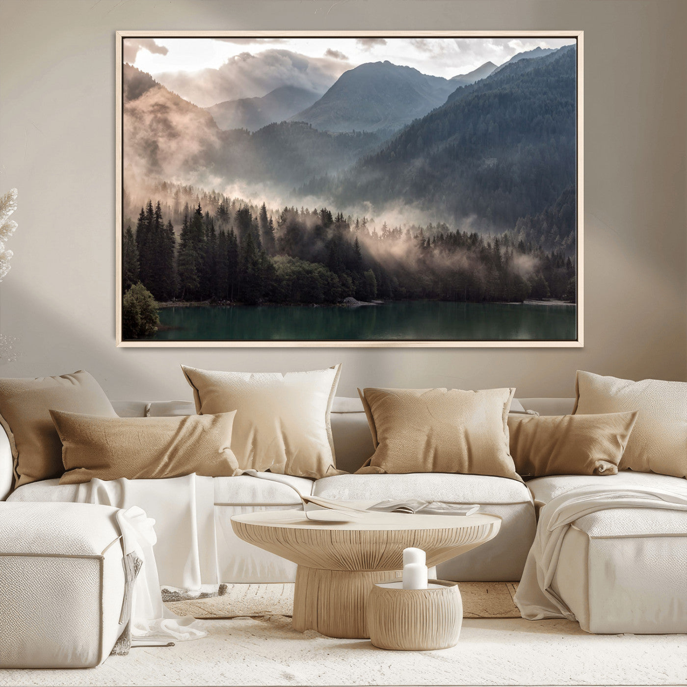 61116-MGV-CV-36X24-Misty Mountain Lake Wall Art – Tranquil Foggy Forest and Lake Canvas Print, Scenic Nature Landscape Decor for Living Room or