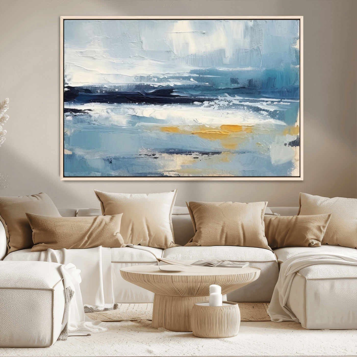 19746-MGV-CV-36X24-Abstract Ocean Wall Art – Modern Coastal Canvas Print with Blue, White and Gold Textures, Contemporary Seascape Painting for