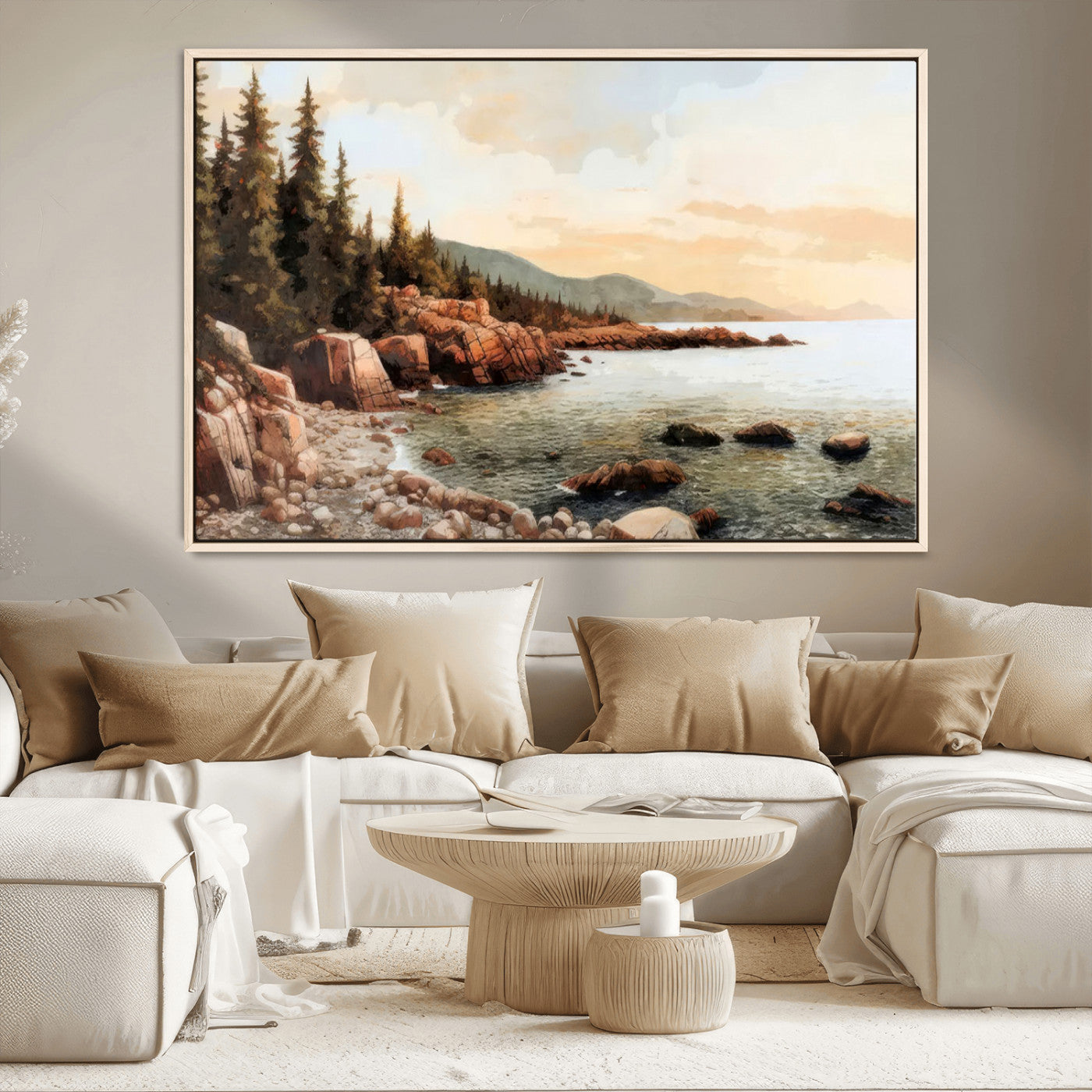 77145-MGV-CV-36X24-Coastal Landscape Wall Art – Panoramic Rocky Shoreline and Pine Trees Canvas Print, Rustic Nature Decor for Cabin, Lodge, Office,