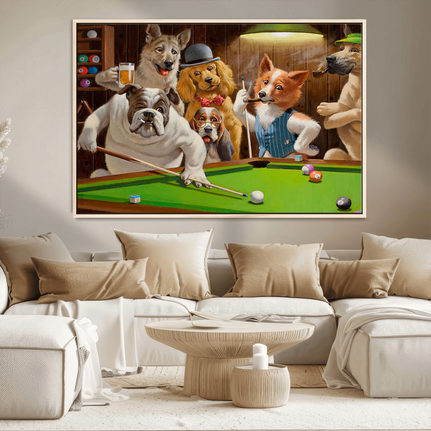 34228-MGV-CV-36X24-Dogs Playing Pool Wall Art Canvas Print, Framed Funny Dog Art Picture Print, Dog Perfect Game Room Decor Artwork