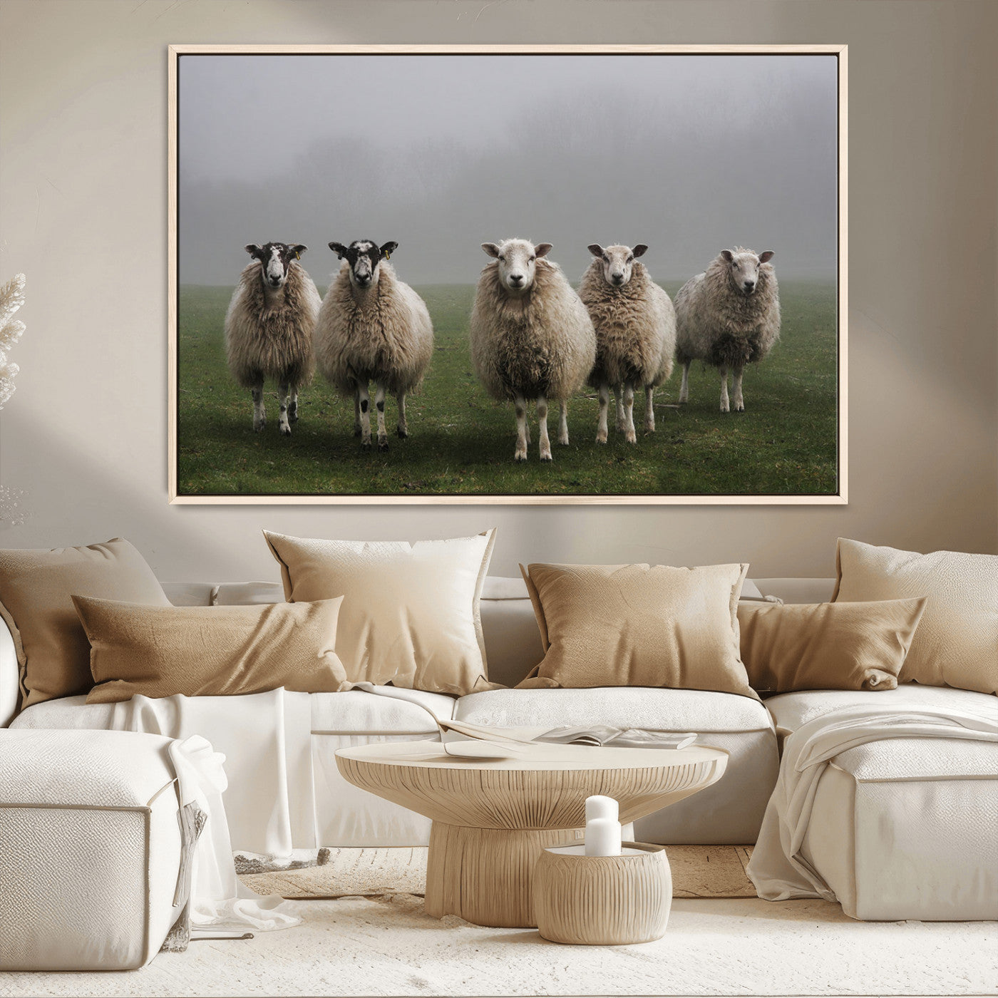 87339-MGV-CV-36X24-Sheep Wall Art – Rustic Farmhouse Canvas Print Flock Standing Misty Field Countryside Photography, Country Animal Decor for Living