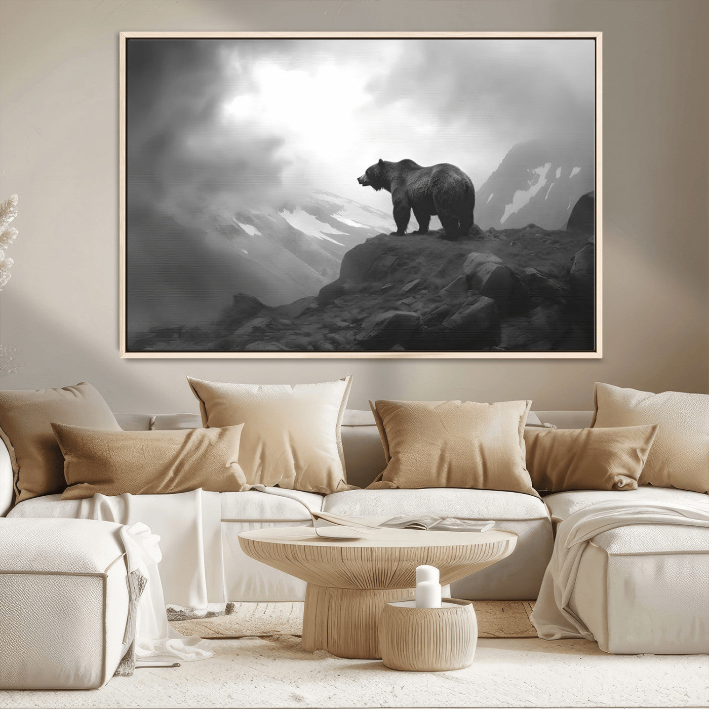 49504-MGV-CV-36X24-Black and White Grizzly Bear Wall Art – Wilderness Wildlife Painting, Rustic Mountain Cabin Decor, Monochrome Animal Print for