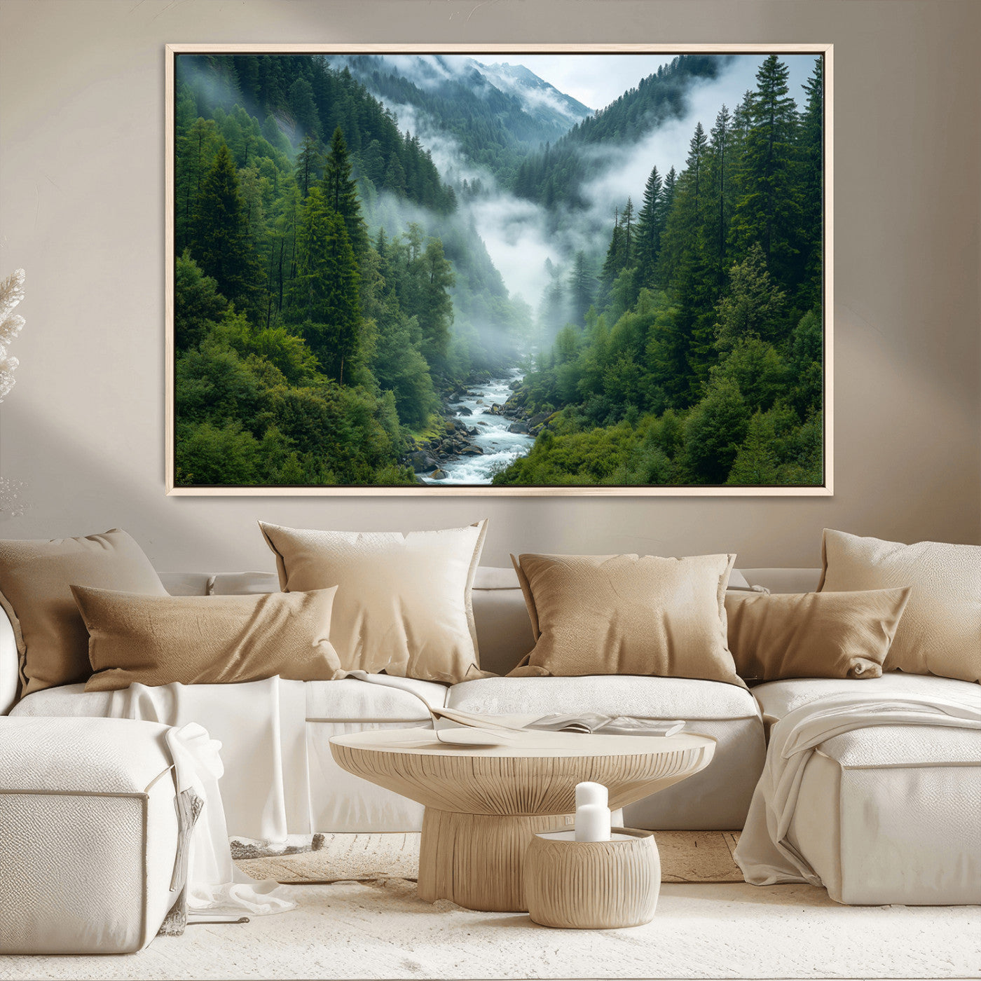69453-MGV-CV-36X24-Mountain Forest Wall Art – Misty River and Evergreen Landscape Canvas Print, Nature Photography Poster for Living Room, Bedroom,