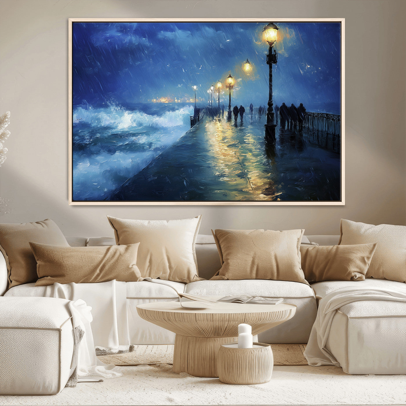 76572-MGV-CV-36X24-Stormy Night Pier Wall Art – Ocean Waves and Street Lamps Canvas Print, Rainy Seascape Oil Painting Poster for Living Room,