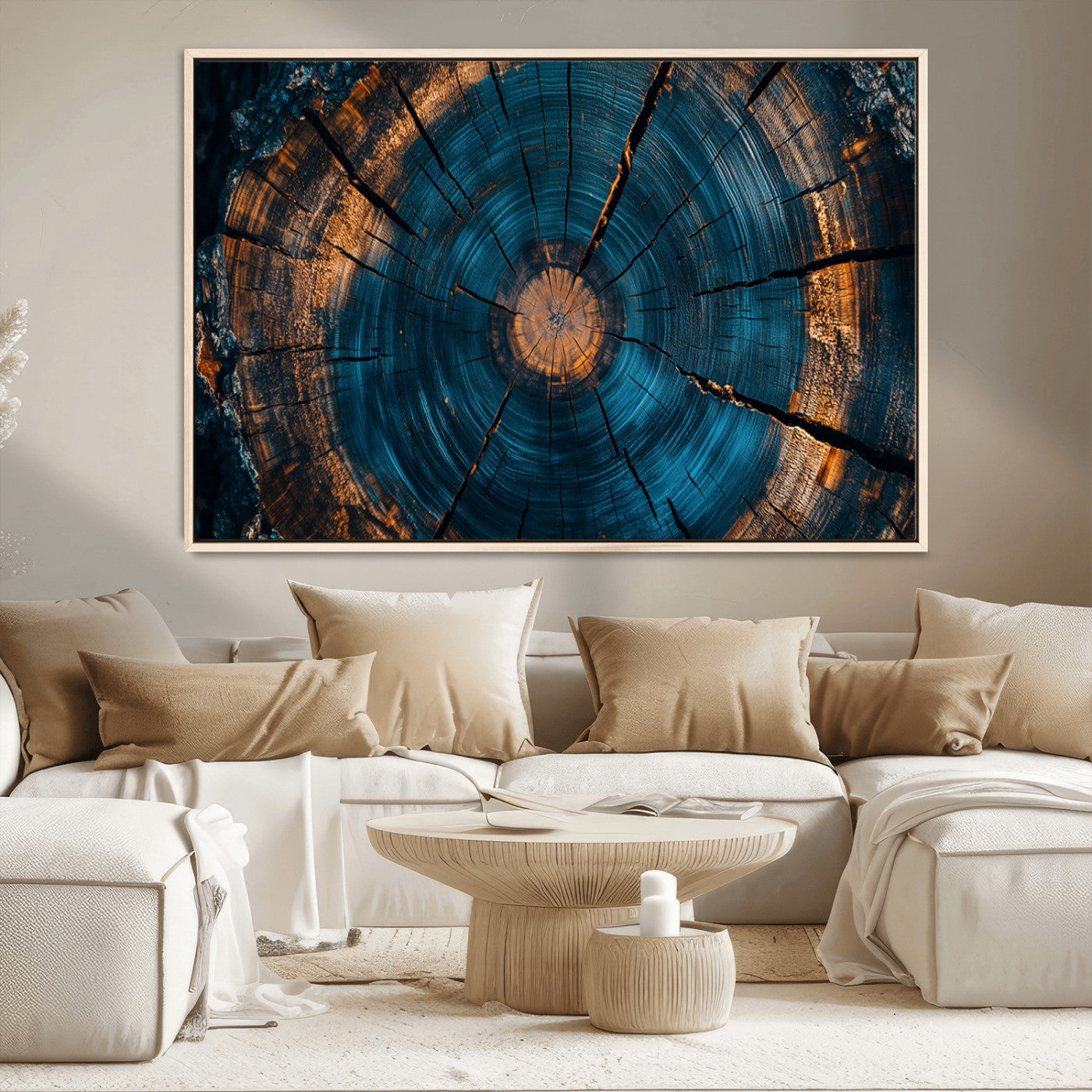 65231-MGV-CV-36X24-Blue and Gold Tree Ring Wall Art – Rustic Abstract Wood Slice Canvas Print, Modern Nature Inspired Artwork for Living Room,