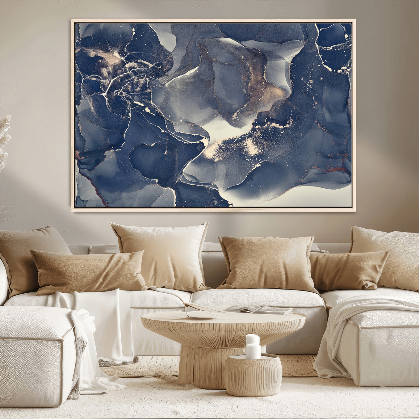 28282-MGV-CV-36X24-Blue Abstract Wall Art – Modern Ink Swirl Canvas Print, Contemporary Navy and Gold Painting for Living Room, Bedroom, Office or