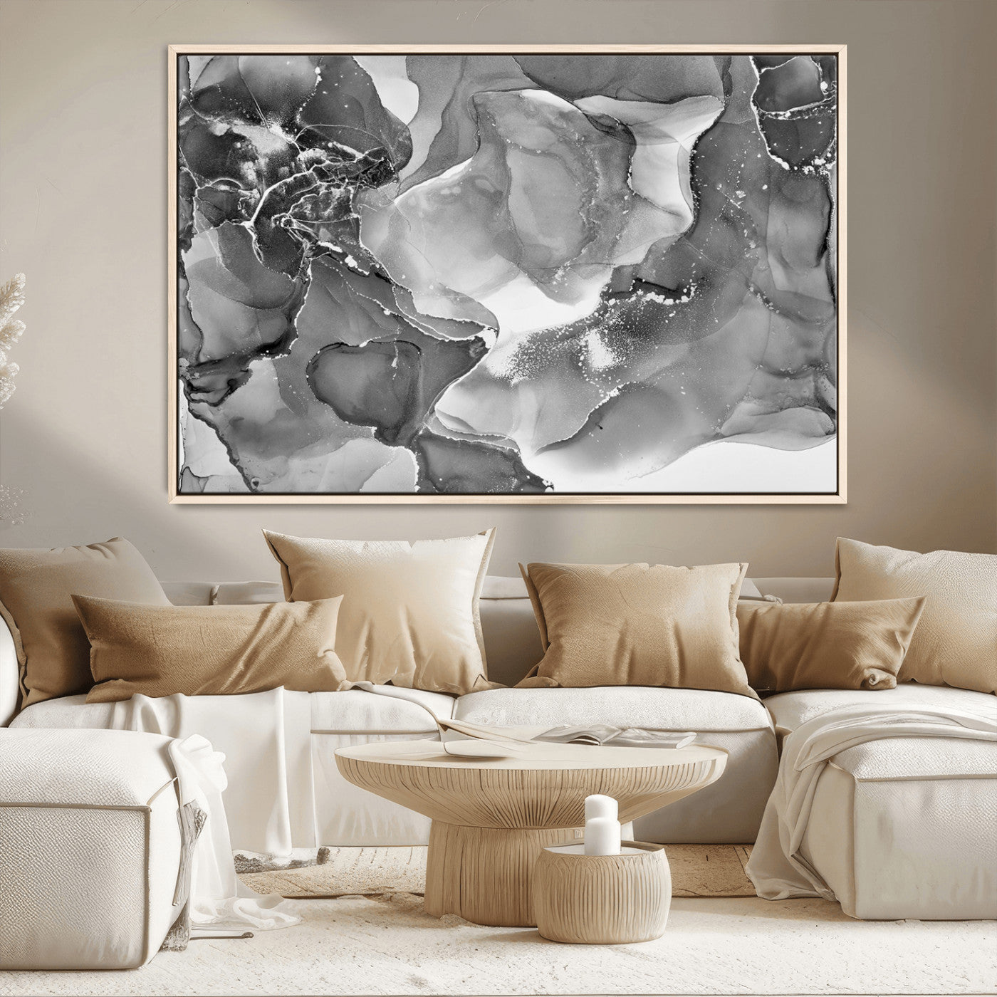 15911-MGV-CV-36X24-Black and White Abstract Wall Art – Modern Ink Swirl Canvas Print, Minimalist Contemporary Painting for Living Room, Bedroom,