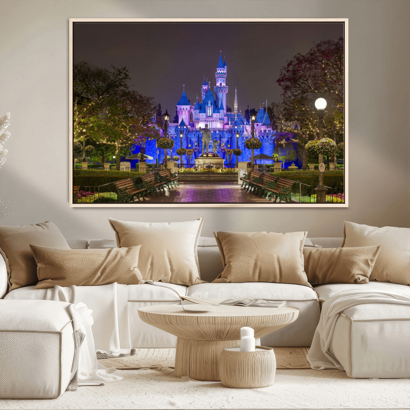 63560-MGV-CV-36X24-Fairy Tale Castle Wall Art – Magical Night Scene Canvas Print with Lights and Gardens, Fantasy Architecture Artwork for Living