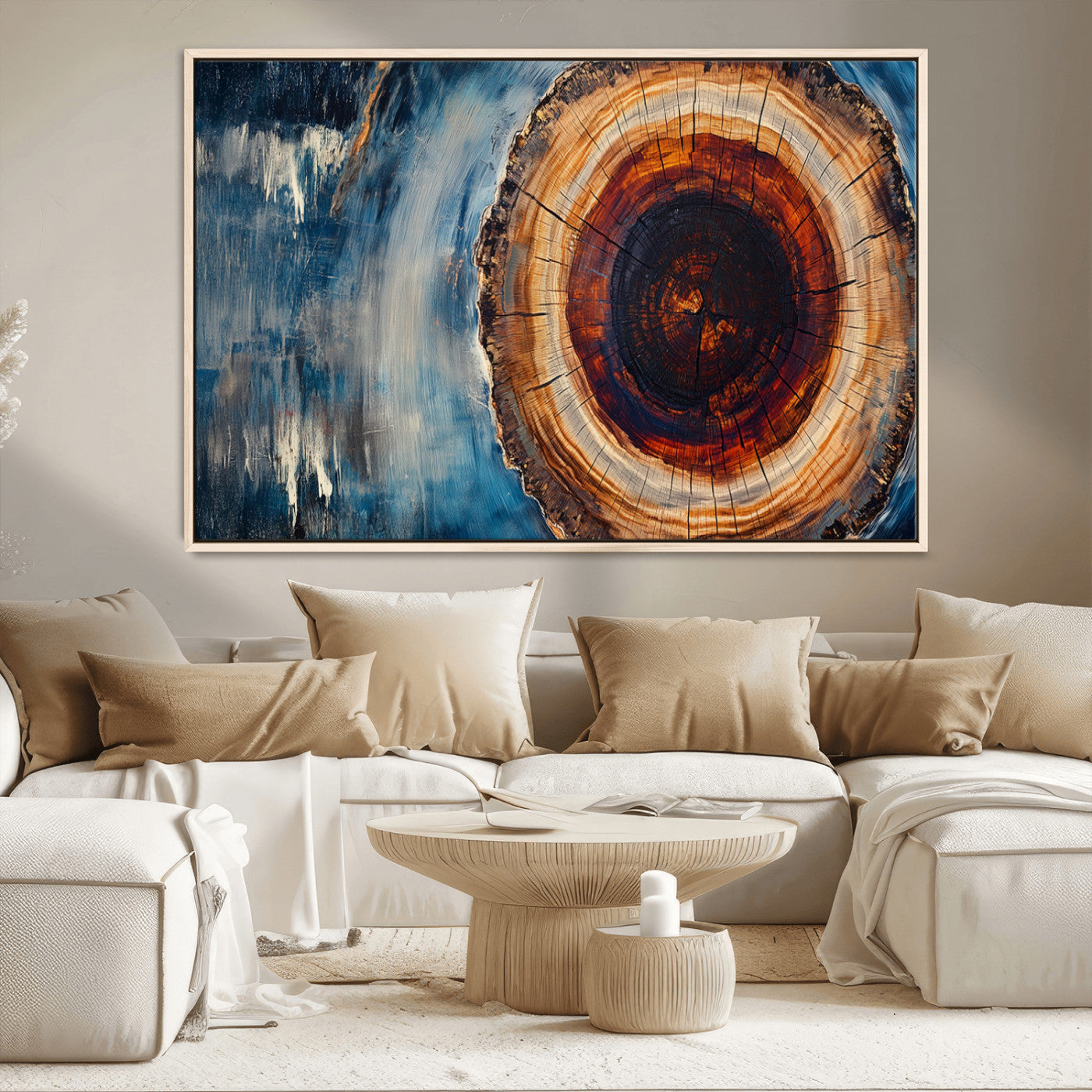48045-MGV-CV-36X24-Tree Ring Abstract Wall Art – Rustic Wood Grain Canvas Print with Brown Center and Blue Brush Strokes, Nature Inspired Artwork for