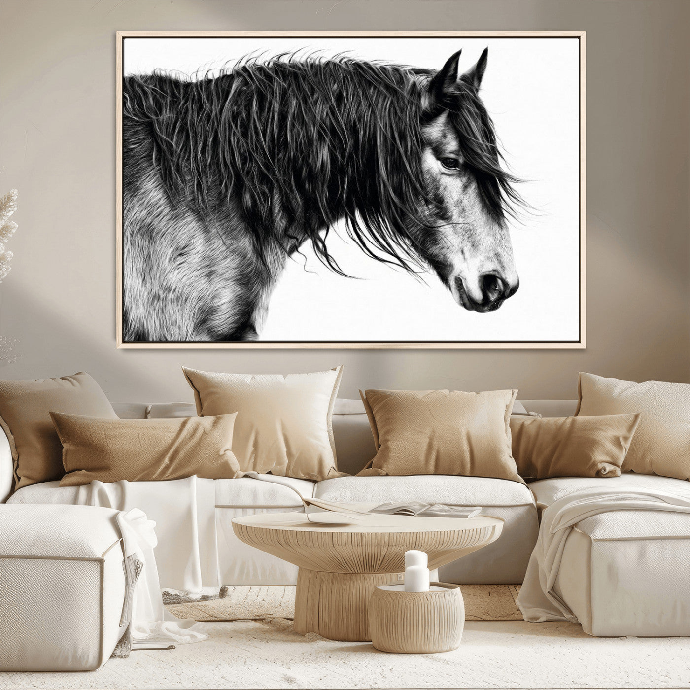 57694-MGV-CV-36X24-Horse Portrait Wall Art – Black and White Canvas Print with Detailed Stallion Profile, Rustic Farmhouse Equestrian Artwork for