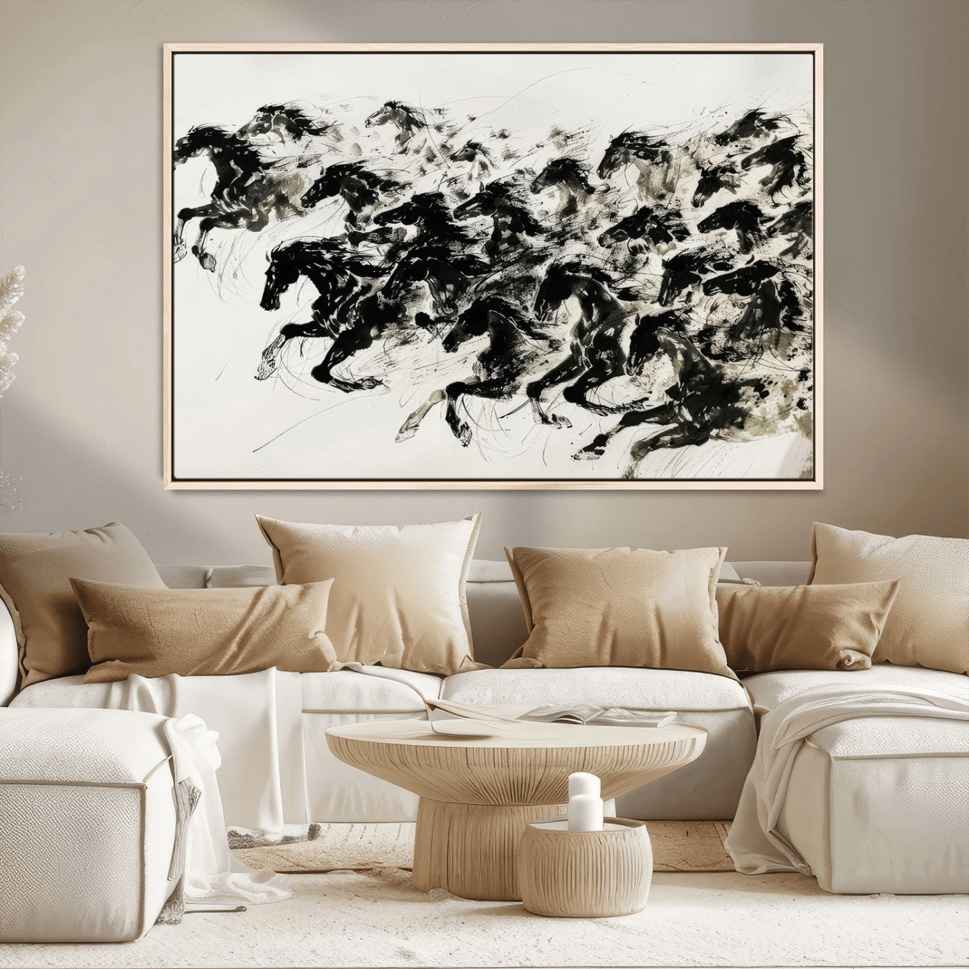 23069-MGV-CV-36X24-Galloping Horses Wall Art – Black Ink Painting on Canvas, Dynamic Equestrian Artwork with Running Stallions, Expressive Modern