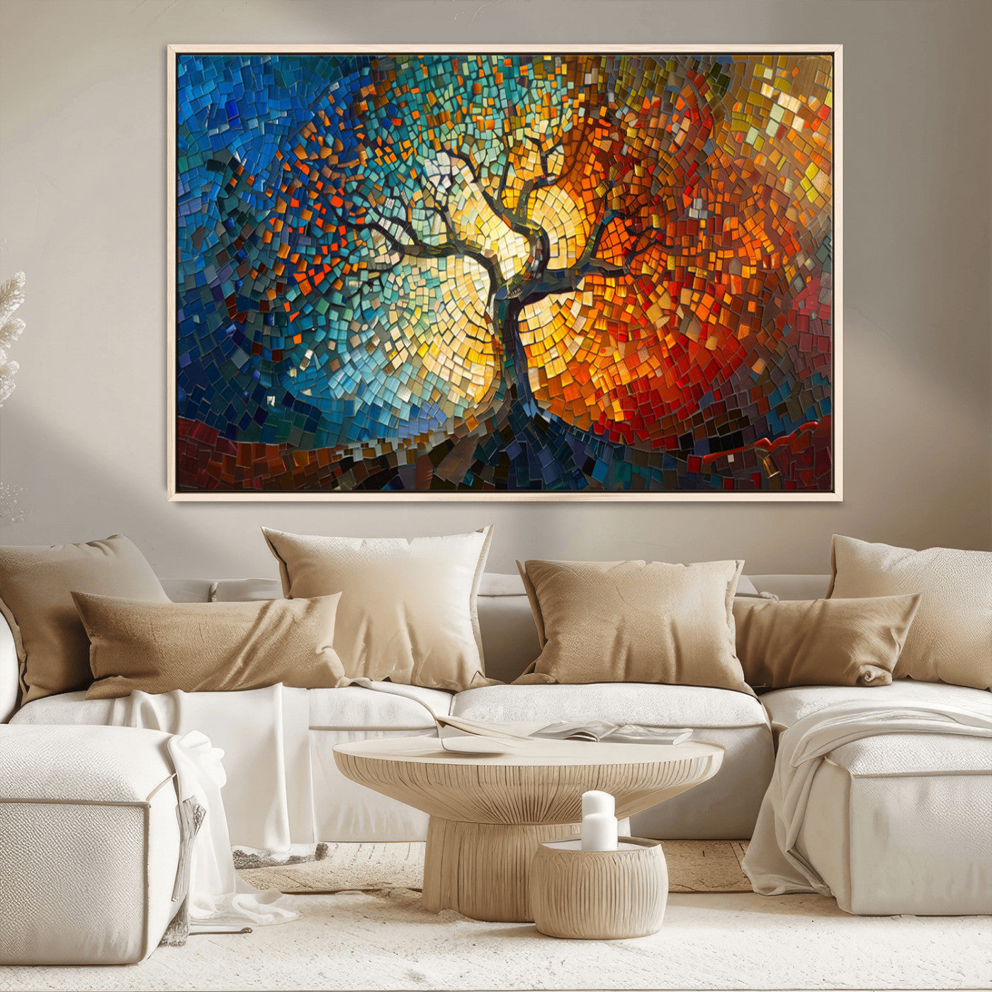 66056-MGV-CV-36X24-Mosaic Tree of Life Wall Art – Colorful Stained Glass Style Canvas Print with Radiant Blue and Orange Tones, Modern Decorative