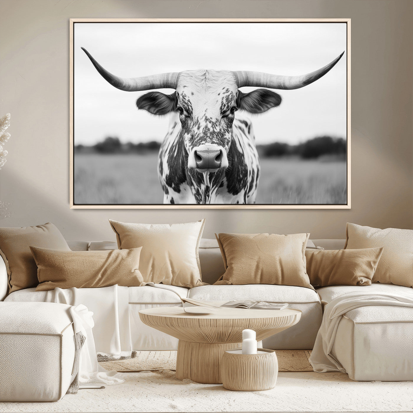 20272-MGV-CV-36X24-Texas Longhorn Wall Art – Black and White Cowboy Western Canvas Print, Rustic Farmhouse Cattle Photography Decor for Ranch, Barn