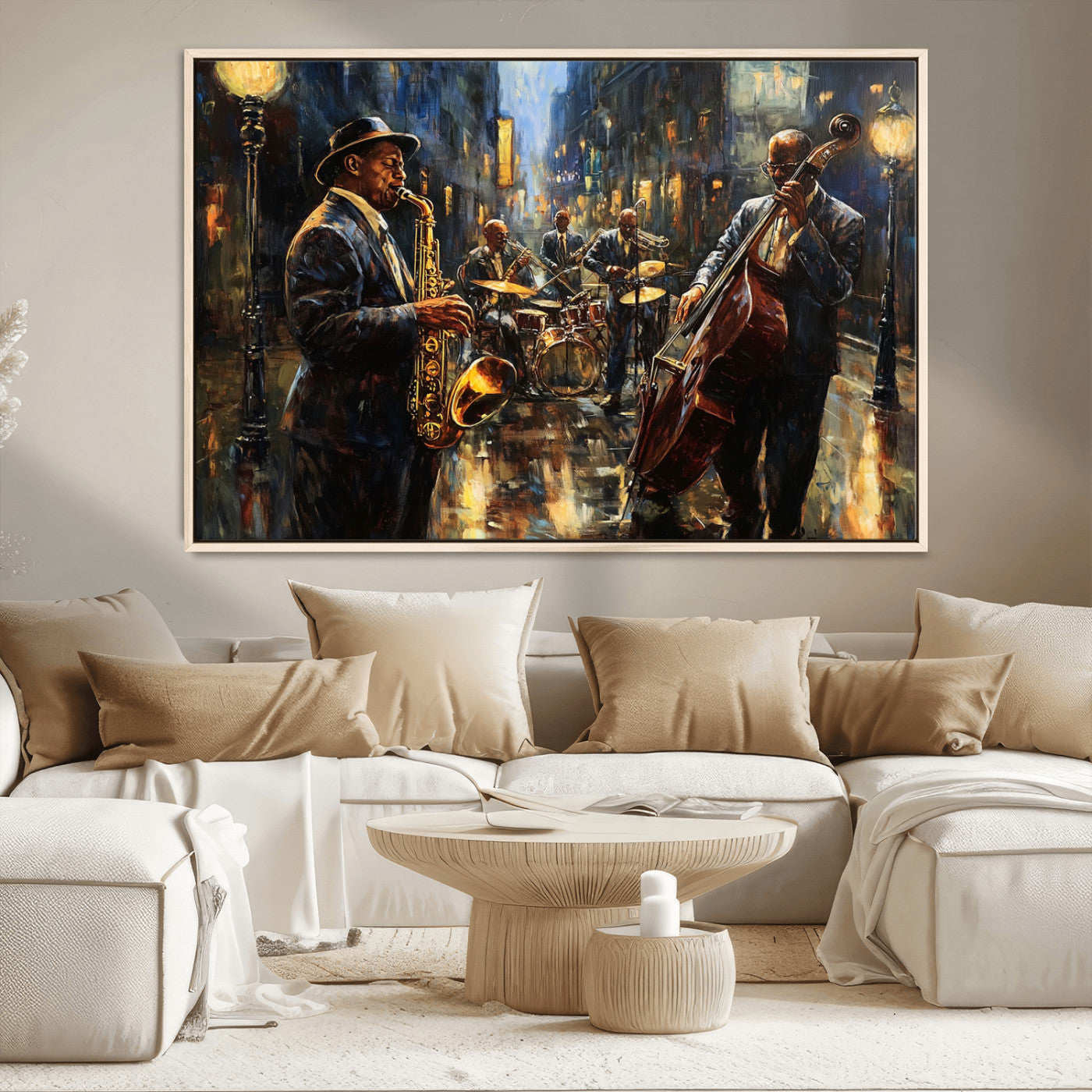 36990-MGV-CV-36X24-Jazz Band Wall Art – Vintage Music Canvas Print Featuring Saxophone and Bass Players, Classic Nightclub Artwork for Living Room,