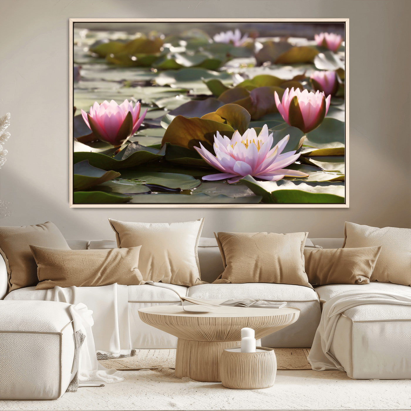 72218-MGV-CV-36X24-Water Lily Pond Wall Art – Pink Lotus Flowers Canvas Print with Green Lily Pads, Peaceful Botanical Artwork for Living Room,