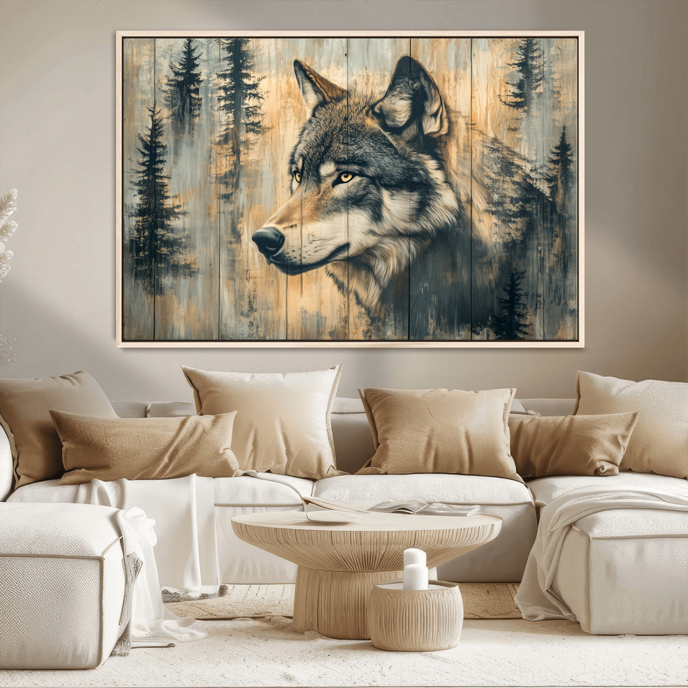 51892-MGV-FC-36X24_Natural-Wolf Wall Art – Rustic Canvas Print of Wolf with Forest Trees on Wood Texture, Wildlife Lodge Artwork for Living Room, Bedroom,