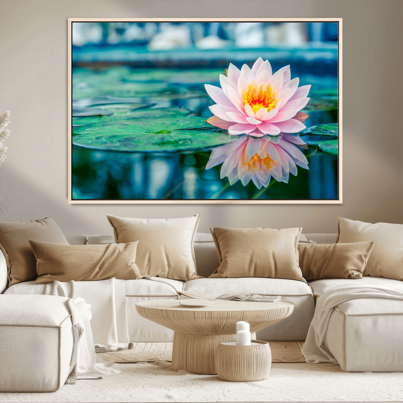 30320-MGV-CV-36X24-Pink Water Lily Wall Art – Lotus Flower Canvas Print with Reflection Water, Peaceful Botanical Artwork for Living Room, Bedroom,