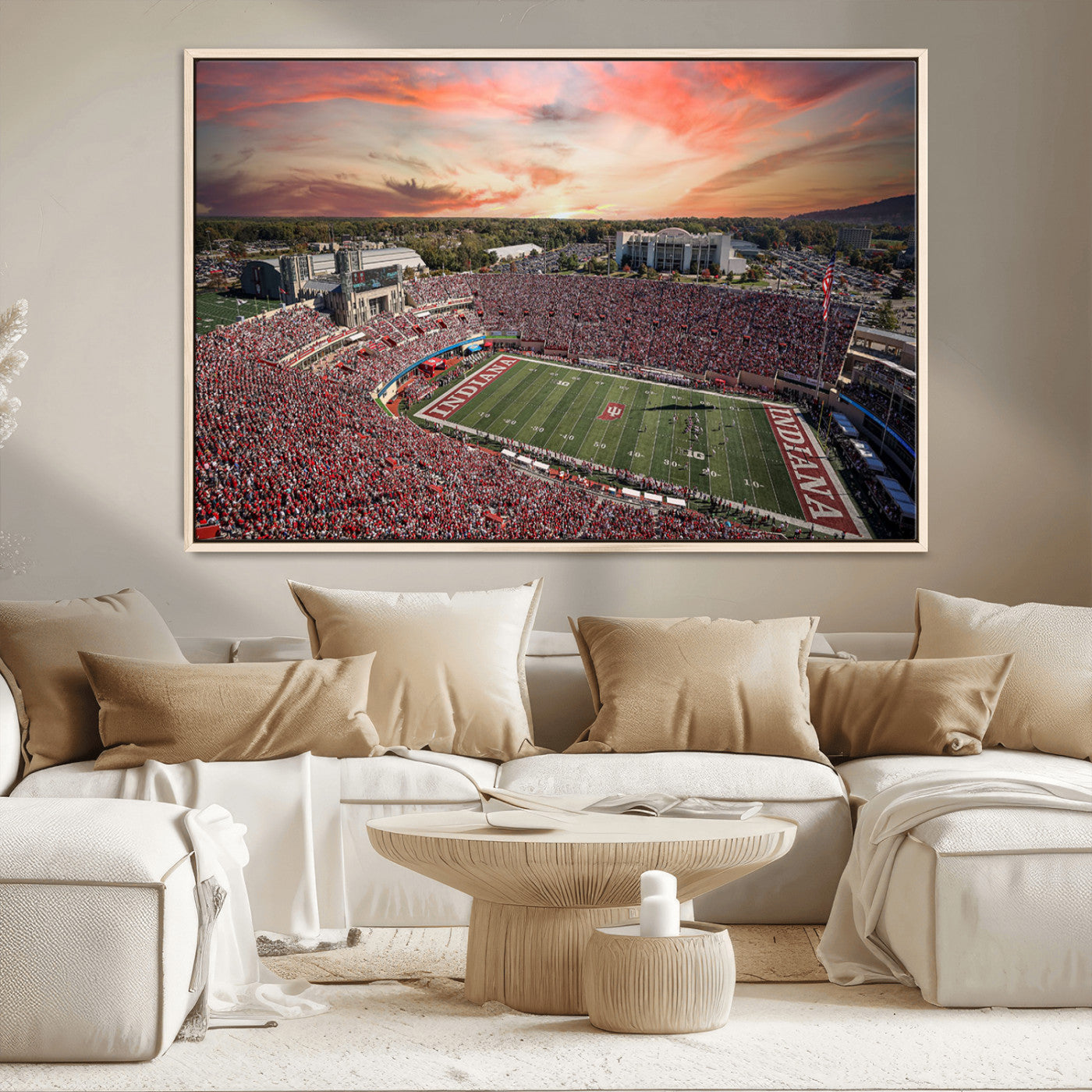 51135-MGV-CV-36X24-Indiana Hoosiers Stadium Wall Art – Panoramic Football Canvas Print with Game Day Crowd and Sunset Sky, Sports Artwork for Man