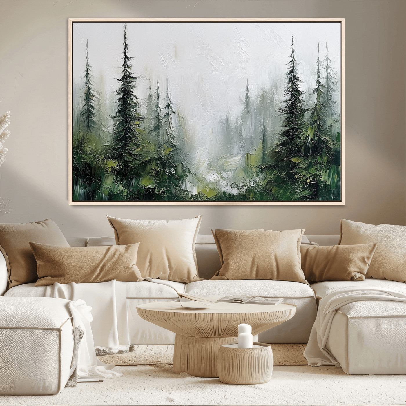 76014-MGV-CV-36X24-Forest Wall Art – Textured Canvas Print Featuring Misty Evergreen Pines and Woodland Landscape, Rustic Nature Artwork for Living