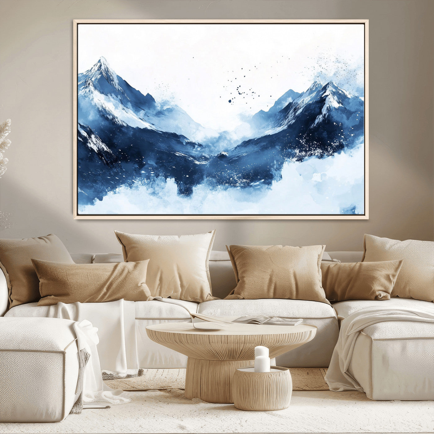93536-MGV-CV-36X24-Snowy Mountain Wall Art – Modern Canvas Print Featuring Blue Watercolor Peaks and Abstract Splashes, Nature Inspired Artwork for