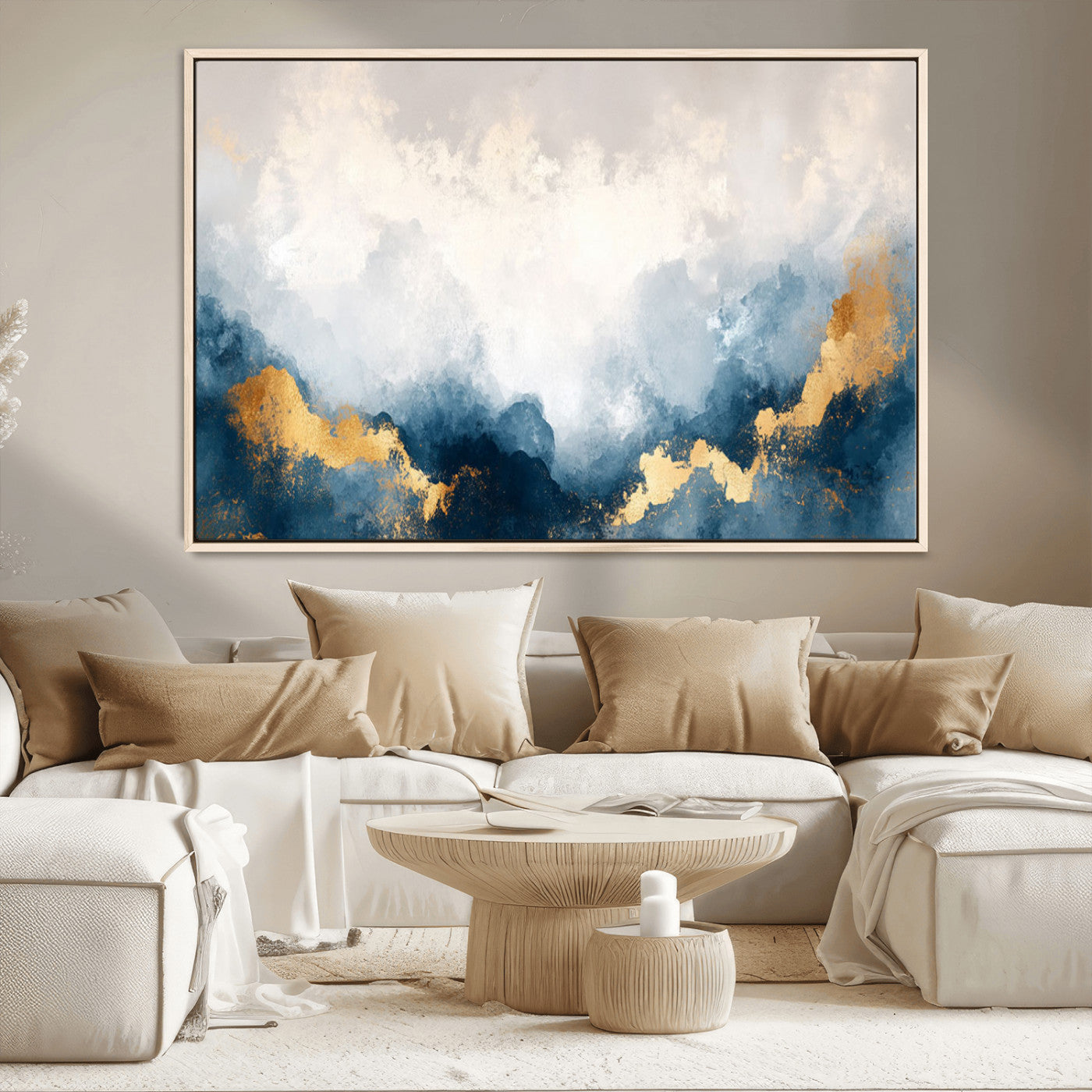 14578-MGV-CV-36X24-Abstract Wall Art – Modern Canvas Print Featuring Blue and White Clouds with Golden Accents, Contemporary Elegant Artwork for